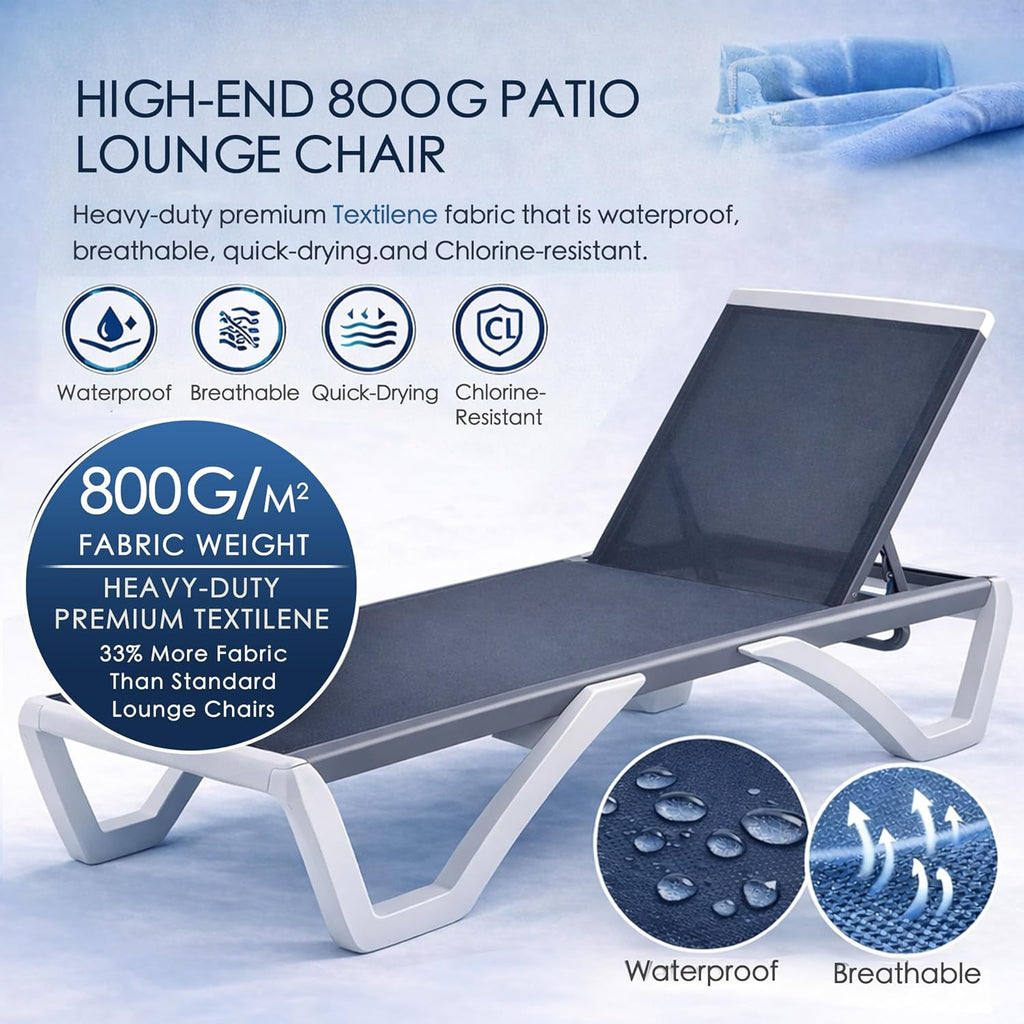 Kozyard Outdoor Chaise Lounge Chair, Full Flat Adjustable Patio Lounger with Aluminum Frame & Resin Legs, Textilene Fabric for Poolside, Backyard & Beach (Gray Without Table)