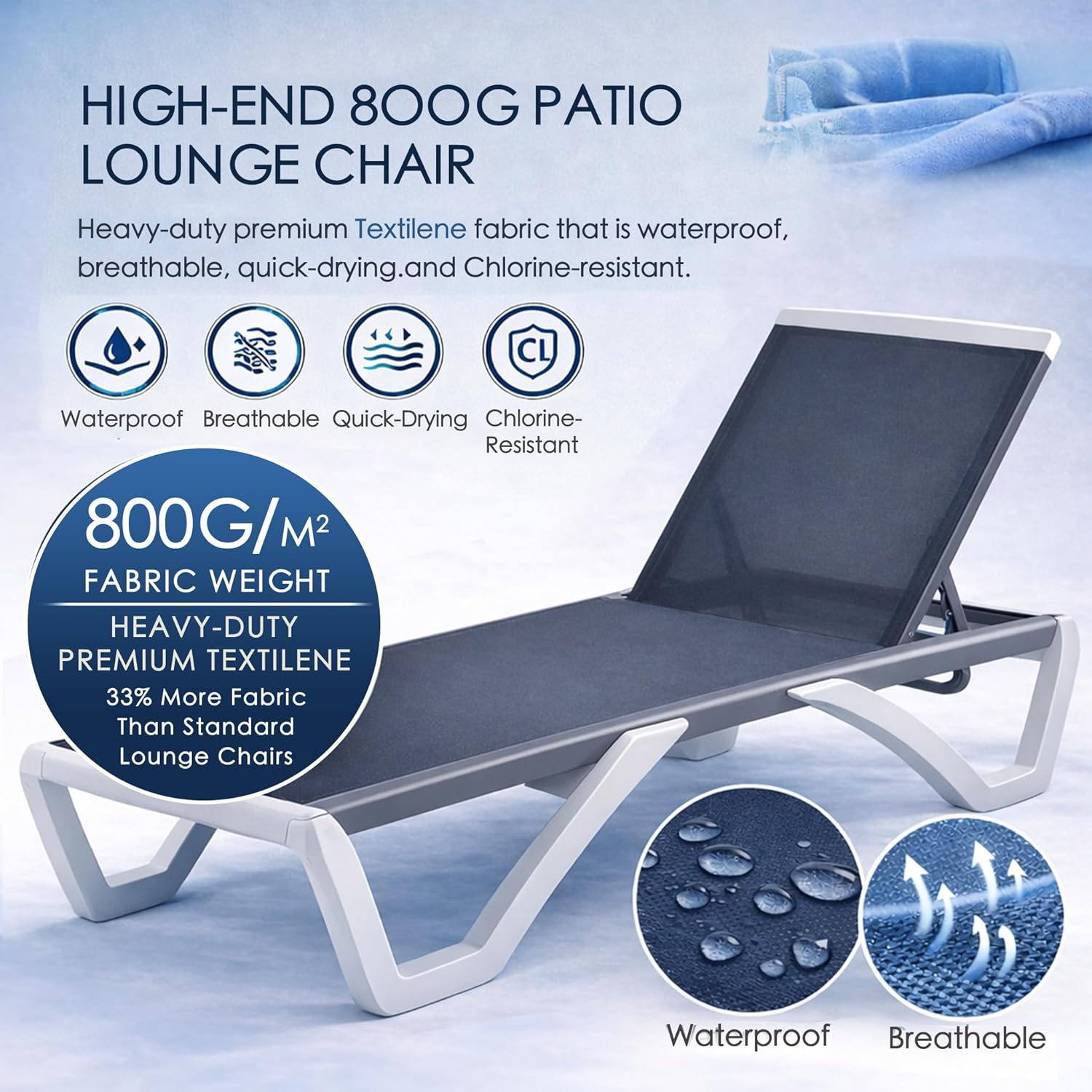 Kozyard Outdoor Chaise Lounge Chair, Full Flat Adjustable Patio Lounger with Aluminum Frame & Resin Legs, Textilene Fabric for Poolside, Backyard & Beach (Gray Without Table)