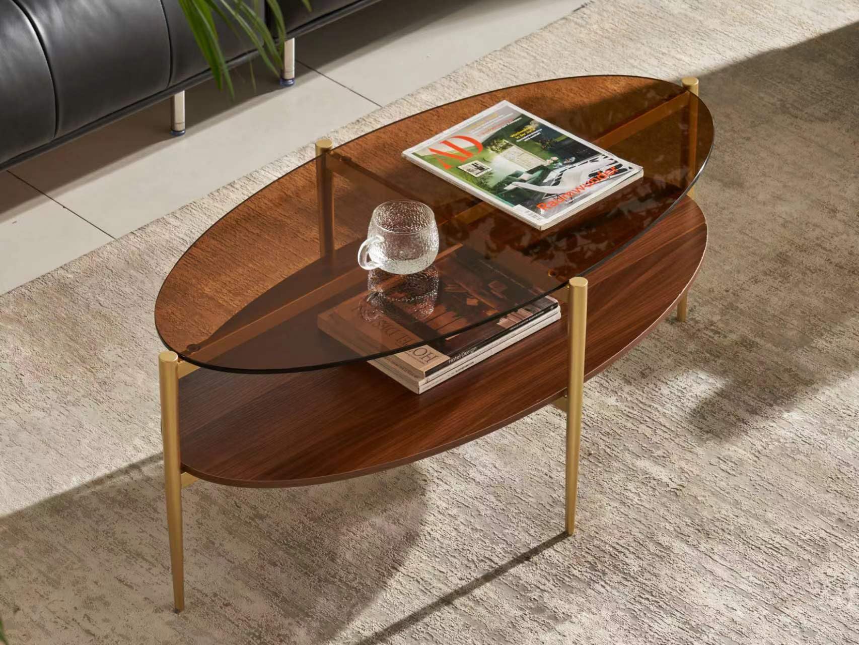 Shrine Oval Coffee Table, Mid-Century Modern Coffee Table, Brown Walnut Wood Table for Living Room, D47''x W23.6''x H15'', Sleek Conical Metal Legs with Black Finish