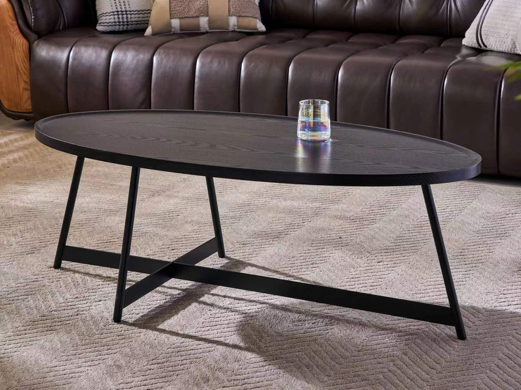 Shrine Oval Coffee Table, Mid-Century Modern Coffee Table, Brown Walnut Wood Table for Living Room, D47''x W23.6''x H15'', Sleek Conical Metal Legs with Black Finish