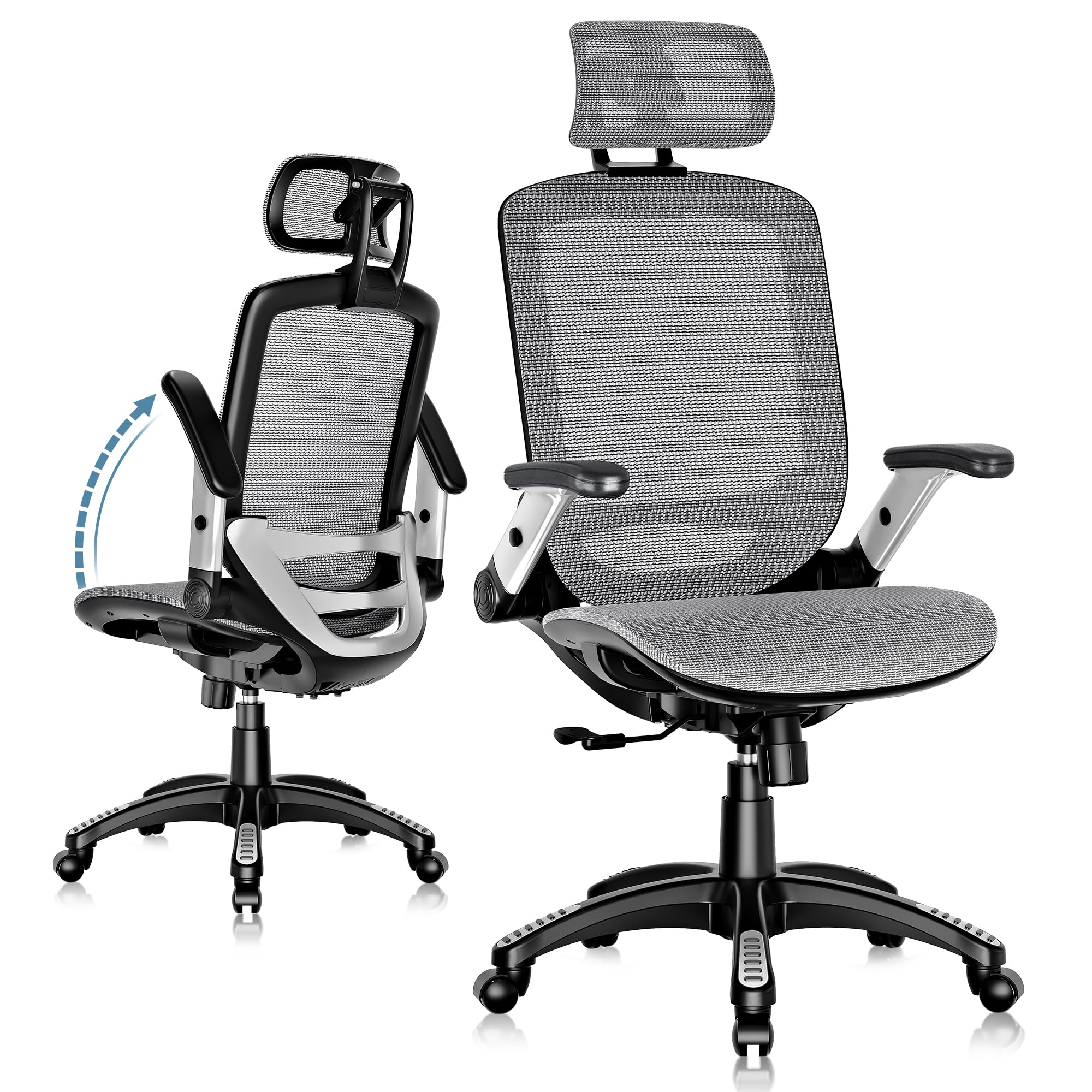 GABRYLLY Ergonomic Office Chair with Footrest, High Back Home Desk Chair - 3D Headrest, Flip-Up Arms, 135° Tilt and Wide Cushion, Heavy Duty Mesh Chairs for Task Computer Gaming, GYB01-FT