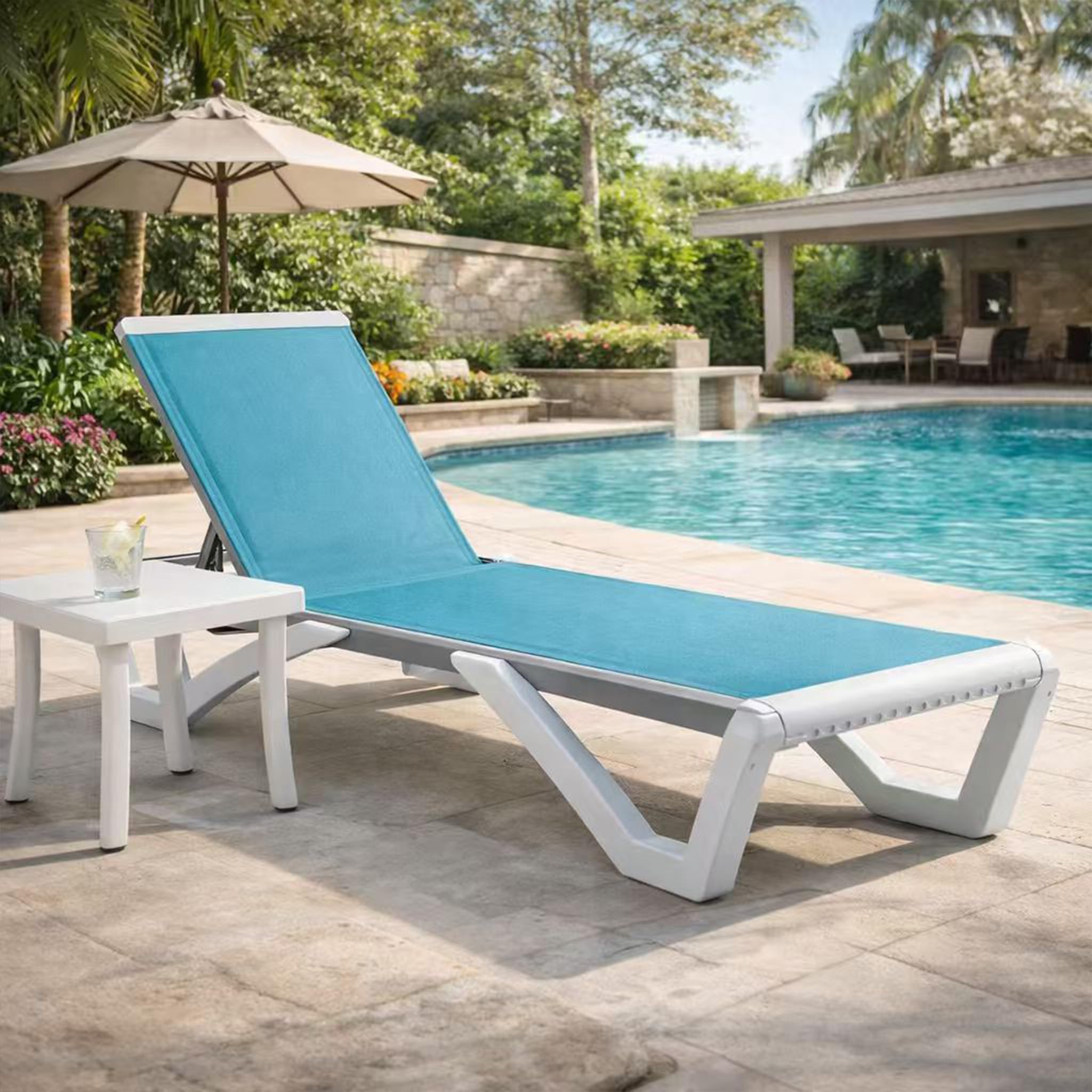 Kozyard Outdoor Chaise Lounge Chair, Full Flat Adjustable Patio Lounger with Aluminum Frame & Resin Legs, Textilene Fabric for Poolside, Backyard & Beach (Gray Without Table)