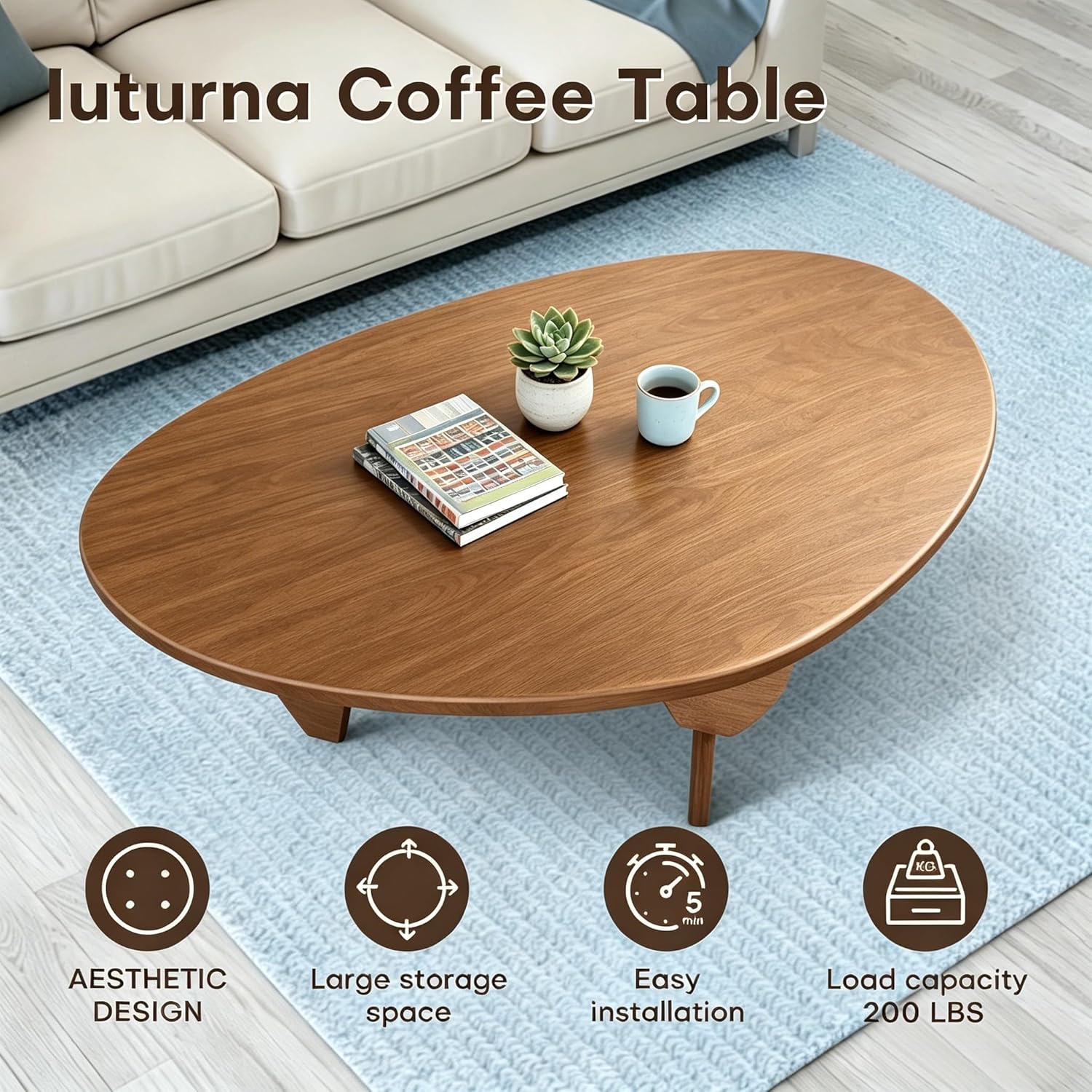 Modern Solid Wood Coffee Table, Unique Triangle Center Table for Living Room,35.4" x 22.8" x 16.5" Walnut