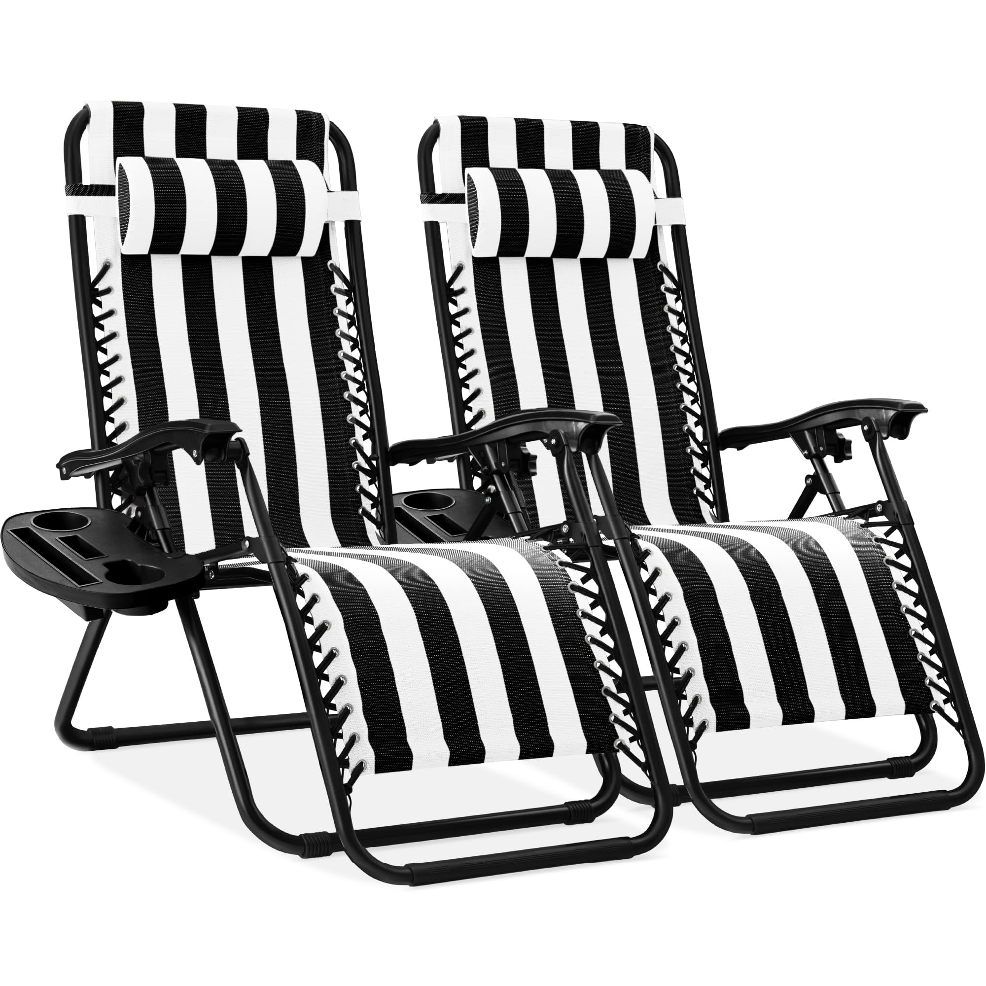 Best Choice Products Set of 2 Adjustable Steel Mesh Zero Gravity Lounge Chair Recliners w/Pillows and Cup Holder Trays - Black