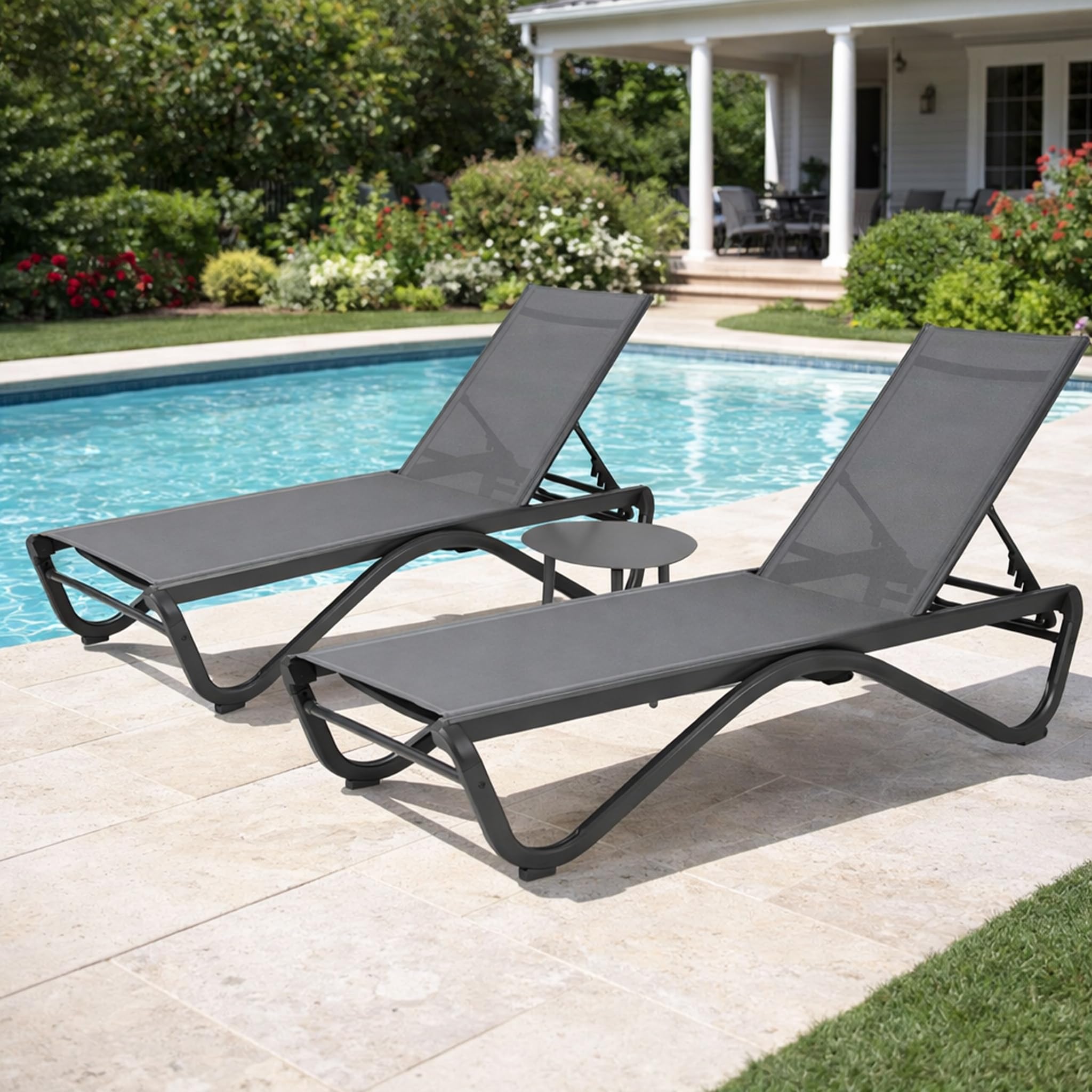 Kozyard Outdoor Chaise Lounge Chair, Full Flat Adjustable Patio Lounger with Aluminum Frame & Resin Legs, Textilene Fabric for Poolside, Backyard & Beach (Gray Without Table)