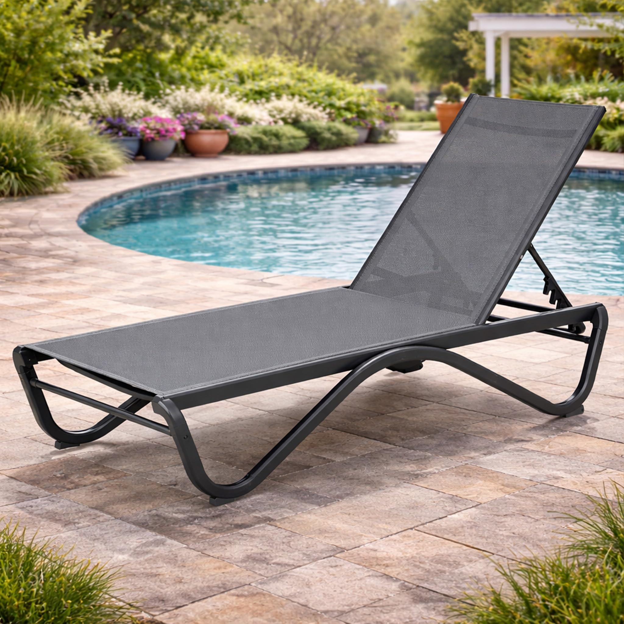 Kozyard Outdoor Chaise Lounge Chair, Full Flat Adjustable Patio Lounger with Aluminum Frame & Resin Legs, Textilene Fabric for Poolside, Backyard & Beach (Gray Without Table)
