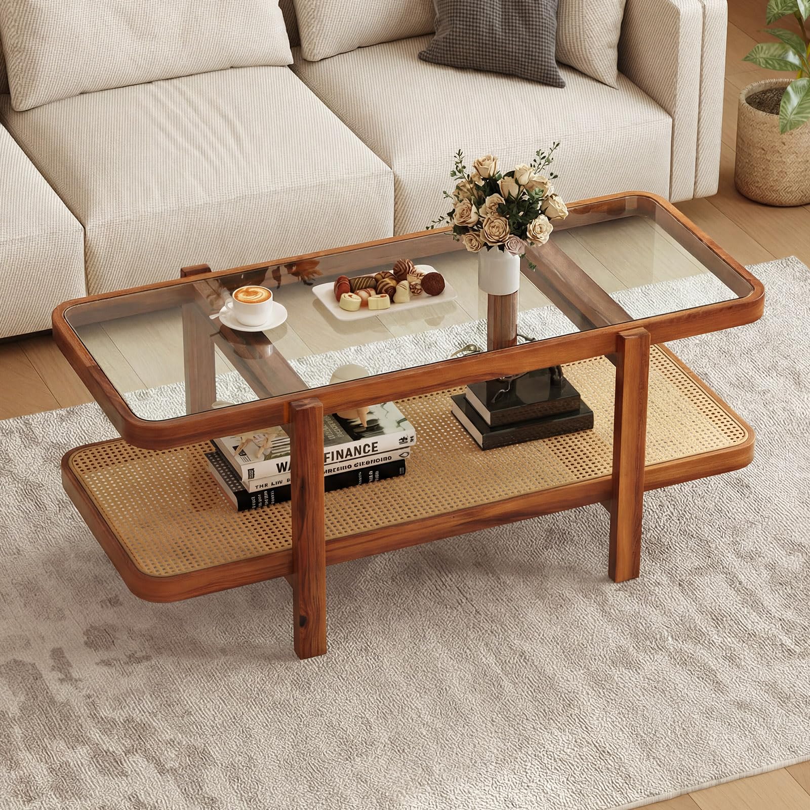 Giantex Rattan Coffee Table, 2-Tier Oval Acacia Wood Tea Table w/Tempered Glass Tabletop & PE Rattan Storage Shelf, Boho Cocktail Tables, Mid Century Modern Center Table for Living Room Office, Brown