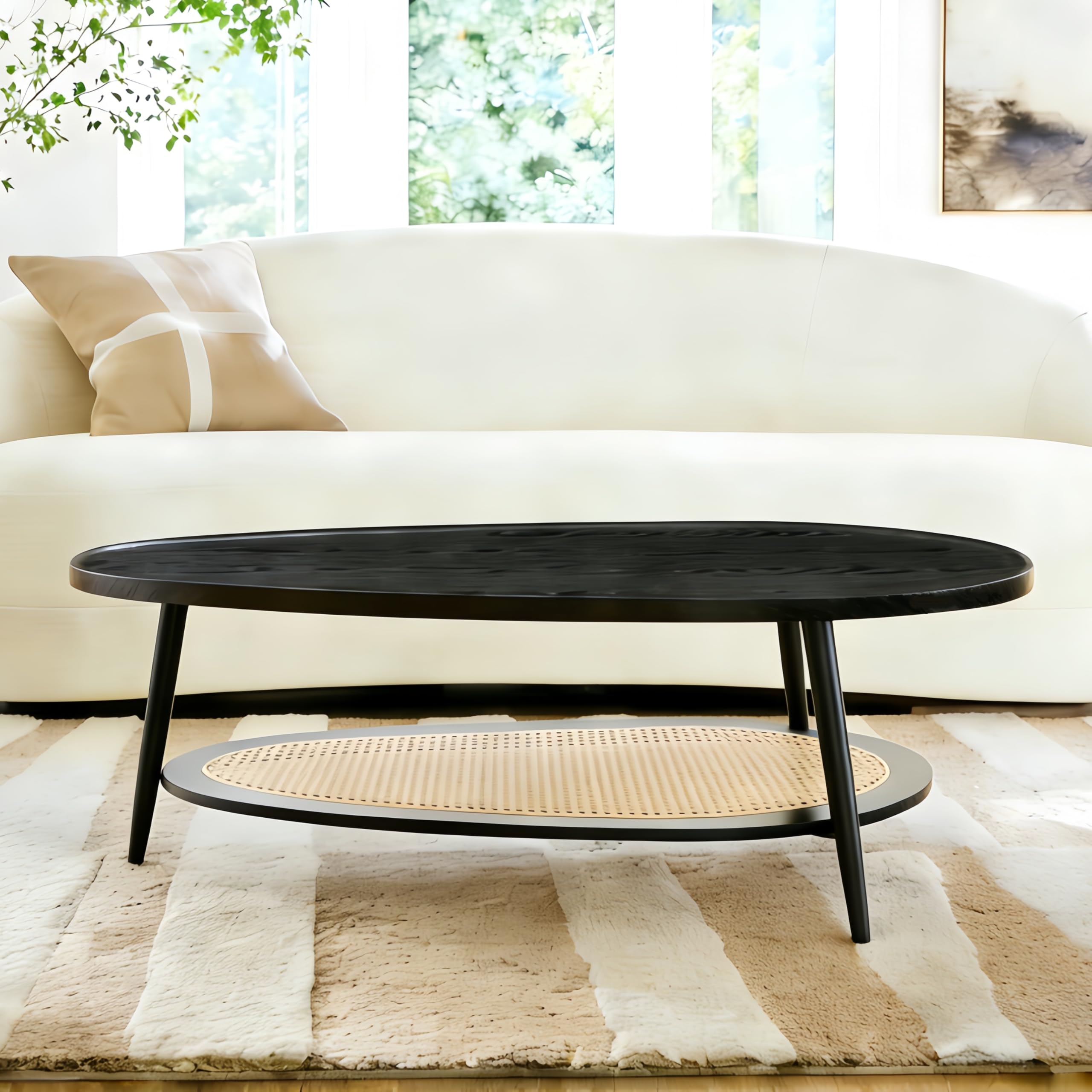 Shrine Oval Coffee Table, Mid-Century Modern Coffee Table, Brown Walnut Wood Table for Living Room, D47''x W23.6''x H15'', Sleek Conical Metal Legs with Black Finish