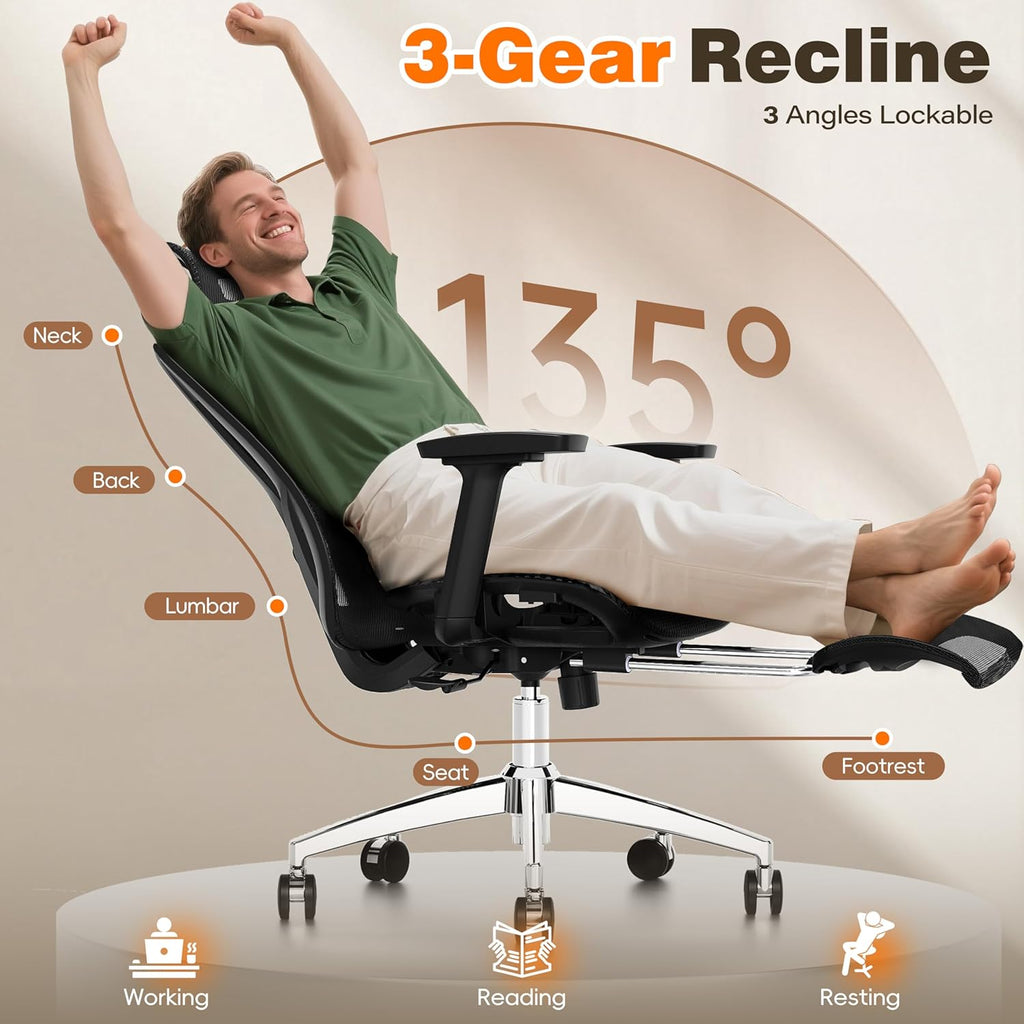 GABRYLLY Ergonomic Office Chair with Footrest, 135° Reclining Desk Chair with Adjustable Lumbar Support,3D Armrest,Headrest & Large Steel Base, 300LBS Heavy Duty Mesh Chair