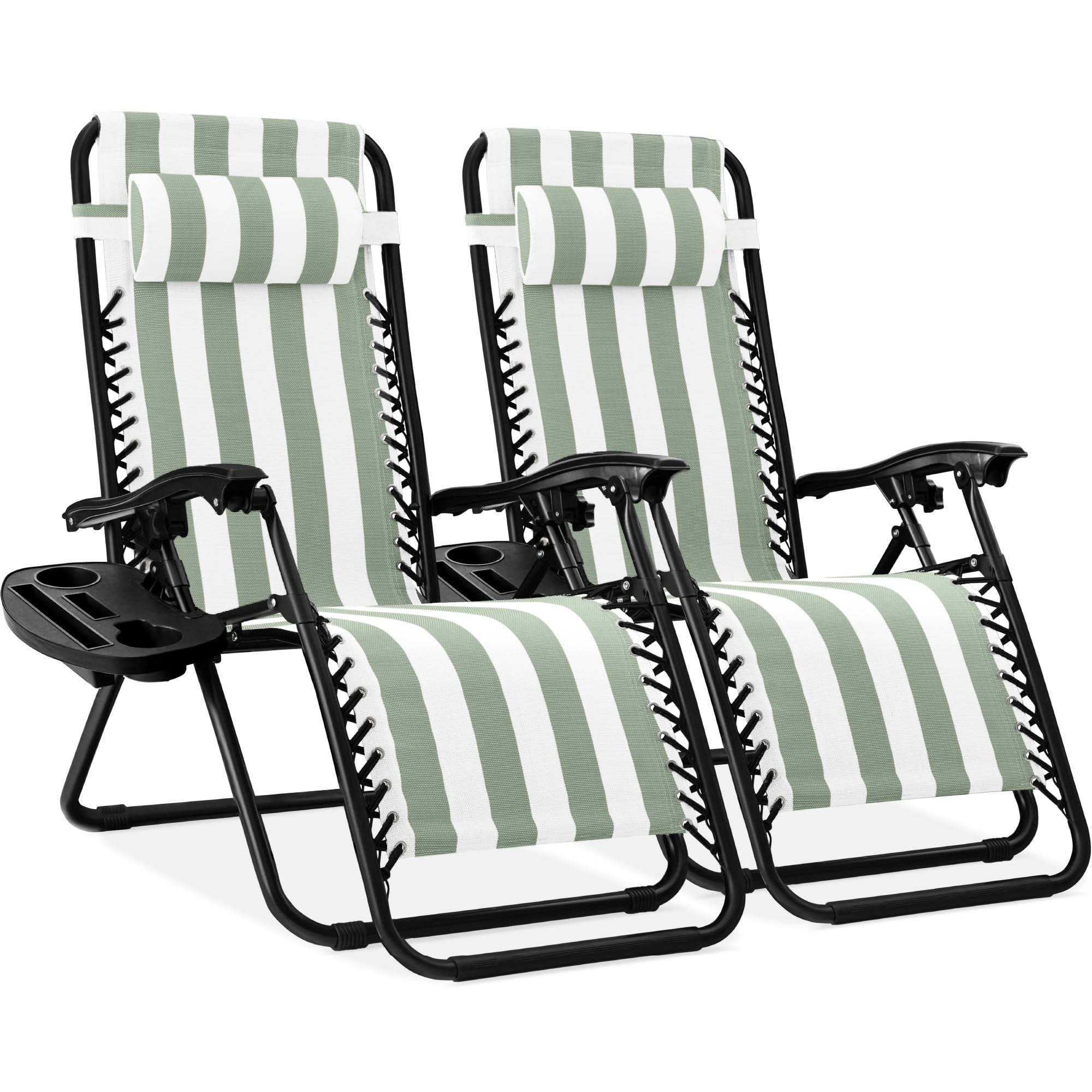 Best Choice Products Set of 2 Adjustable Steel Mesh Zero Gravity Lounge Chair Recliners w/Pillows and Cup Holder Trays - Black