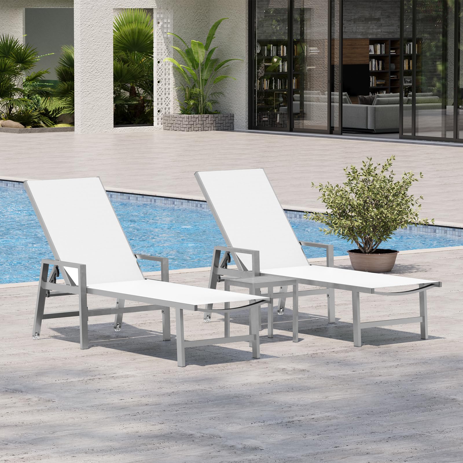 Vexwalx Patio Chaise Lounge Outdoor with Wheels&Armrests, Aluminum Pool Lounge Chairs 5-Position Adjustable Recliner, Sun Beach Lounge Chairs for Poolside, Patio, Deck, Yard, White