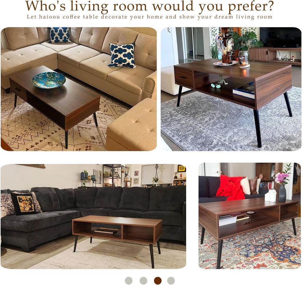 HAIOOU Coffee Table, Mid Century Modern Center Table for Living Room with Storage, Walnut Tea Table with Drawer, Open Storage Shelf, Floor-Anti-Scratching Pine Leg for Home, Office(Dark Brown) | Center Table, Living Room, Storage, Tea Table, Drawer, Open