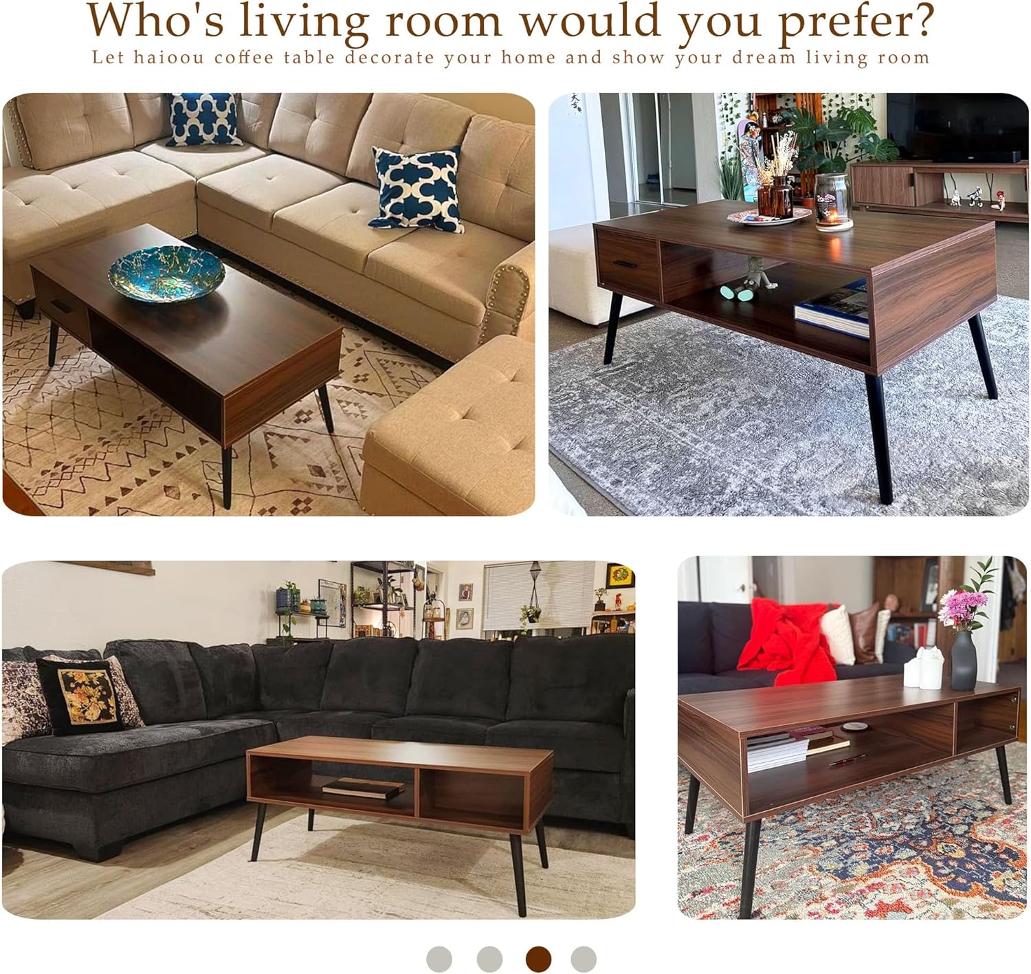 HAIOOU Coffee Table, Mid Century Modern Center Table for Living Room with Storage, Walnut Tea Table with Drawer, Open Storage Shelf, Floor-Anti-Scratching Pine Leg for Home, Office(Dark Brown) | Center Table, Living Room, Storage, Tea Table, Drawer, Open