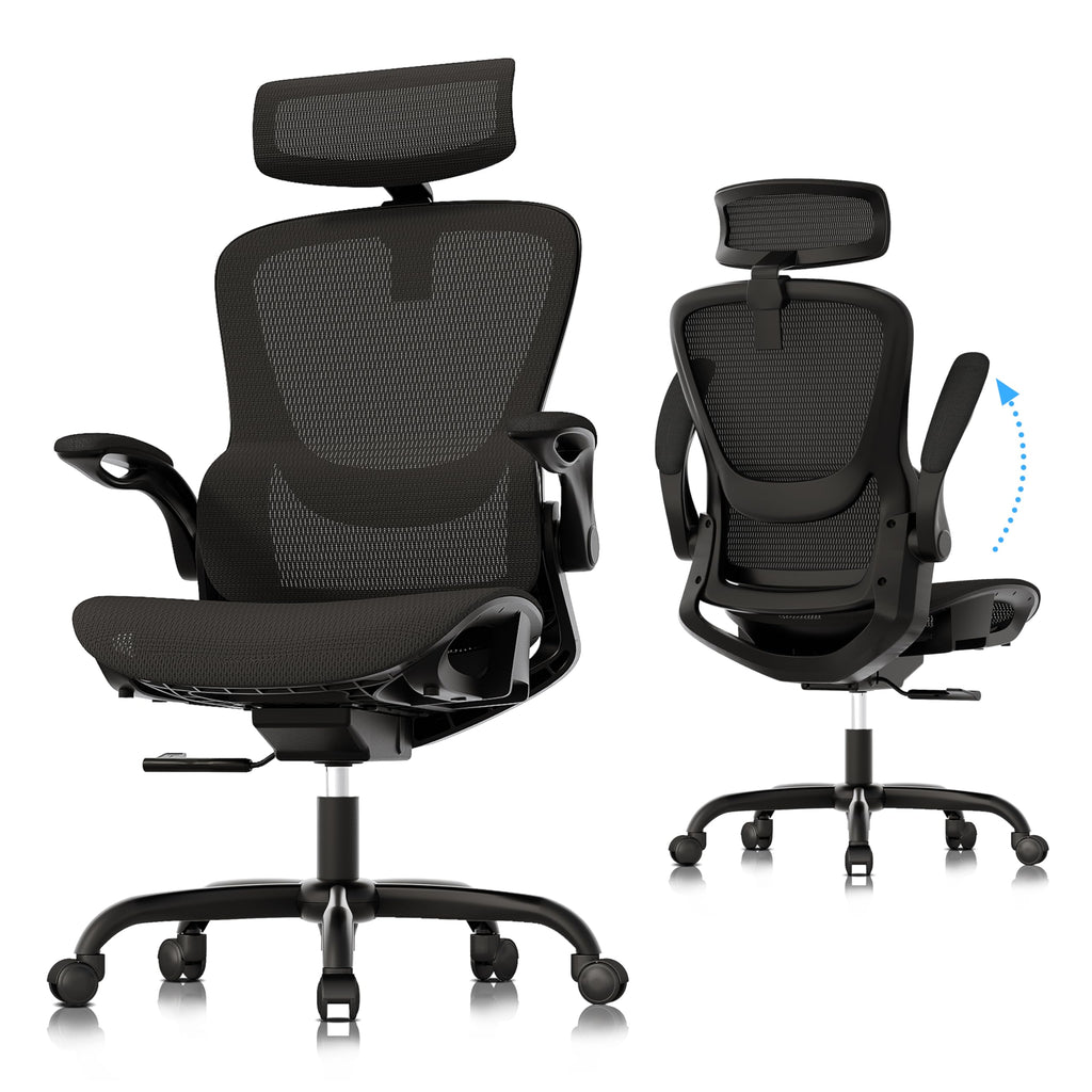 GABRYLLY Ergonomic Mesh Office Chair- White Desk Chair, Flip-Up Armrest, Adjustable Headrest, Tilting with Soft Seat and PU Wheel, Elite Home Desk Chair for Work, Study, Gaming (GY1108)