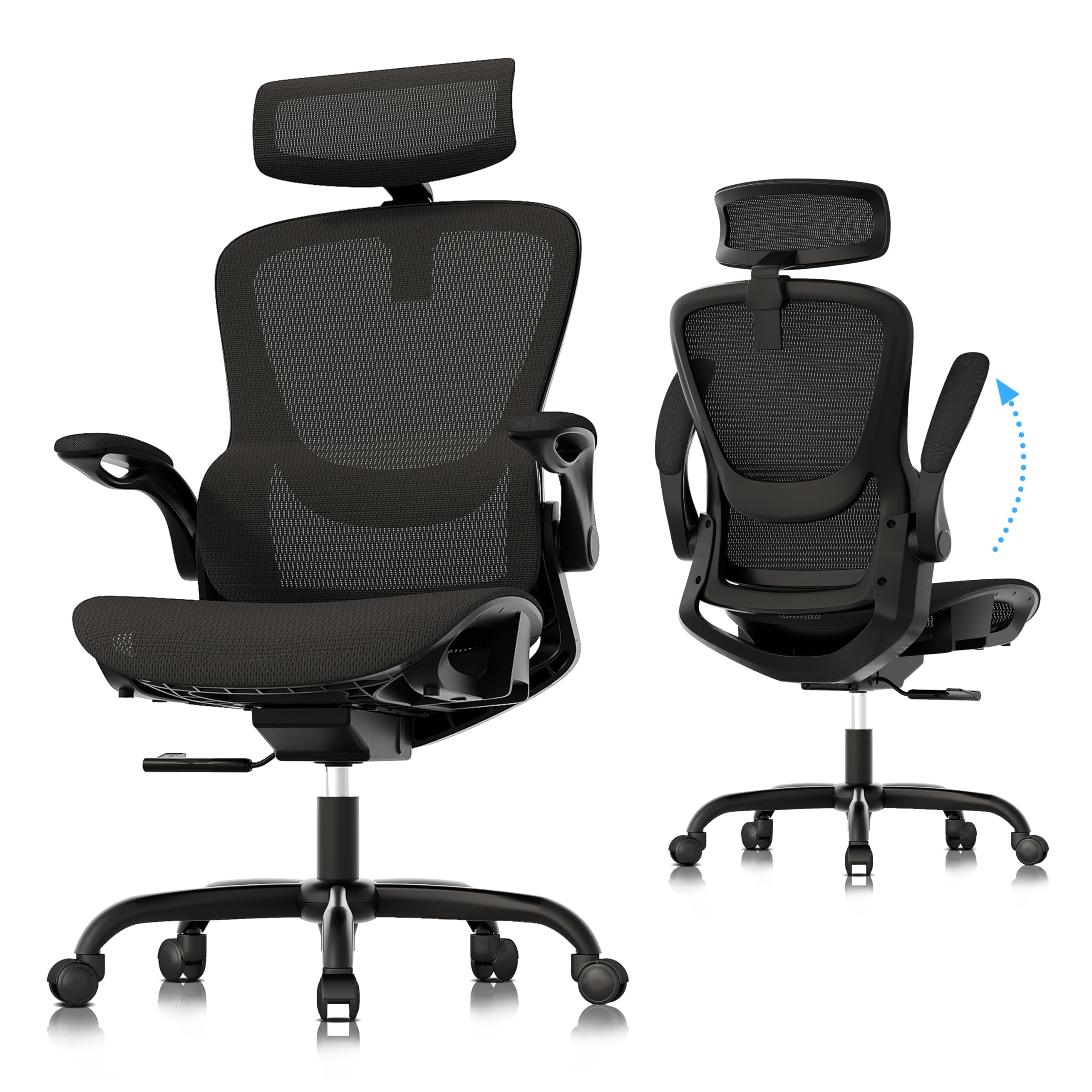 GABRYLLY Ergonomic Mesh Office Chair- White Desk Chair, Flip-Up Armrest, Adjustable Headrest, Tilting with Soft Seat and PU Wheel, Elite Home Desk Chair for Work, Study, Gaming (GY1108)