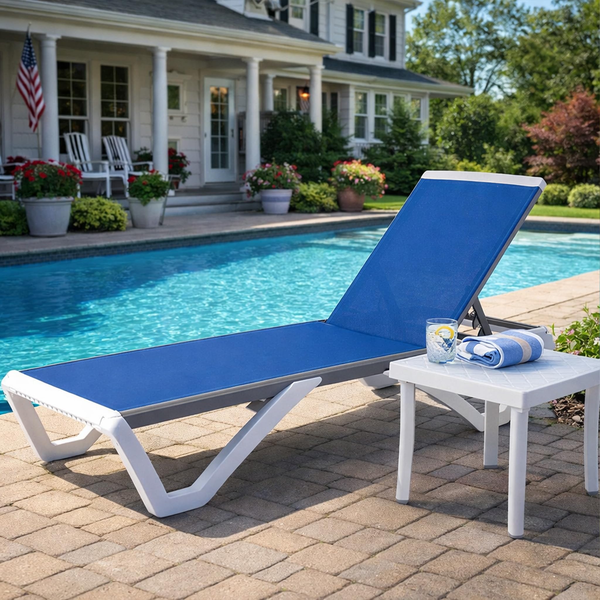 Kozyard Outdoor Chaise Lounge Chair, Full Flat Adjustable Patio Lounger with Aluminum Frame & Resin Legs, Textilene Fabric for Poolside, Backyard & Beach (Gray Without Table)