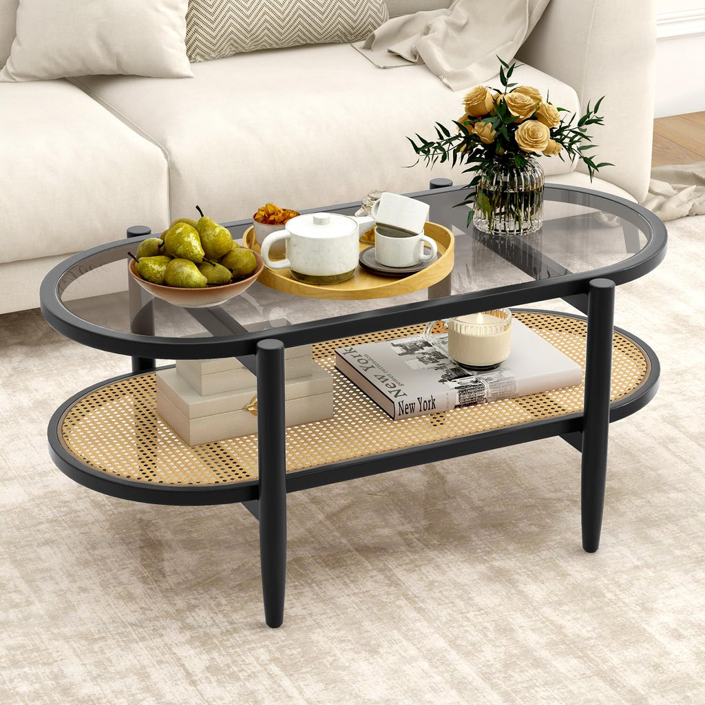 Giantex Rattan Coffee Table, 2-Tier Oval Acacia Wood Tea Table w/Tempered Glass Tabletop & PE Rattan Storage Shelf, Boho Cocktail Tables, Mid Century Modern Center Table for Living Room Office, Brown