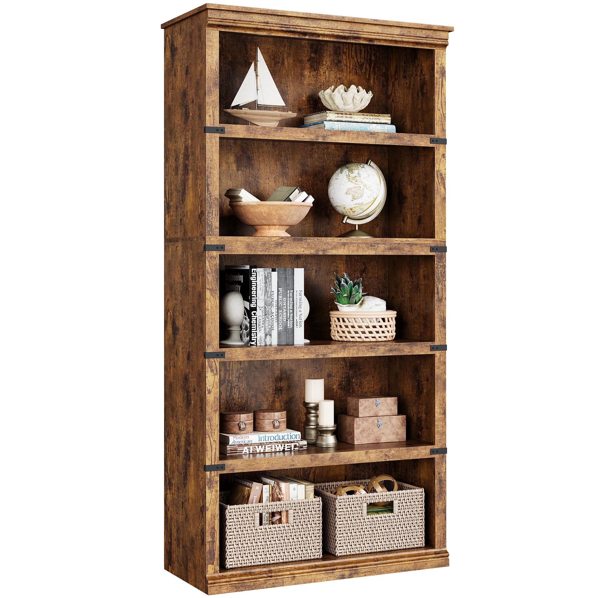 IDEALHOUSE 5 Tier Bookcase, Farmhouse Book Shelf with Storage, 71" Tall Book Case Wooden 5 Shelf Bookcase for Home Office, Living Room, Bed Room (Oak, 67.4" H x 31.5" W x 12.8" D)
