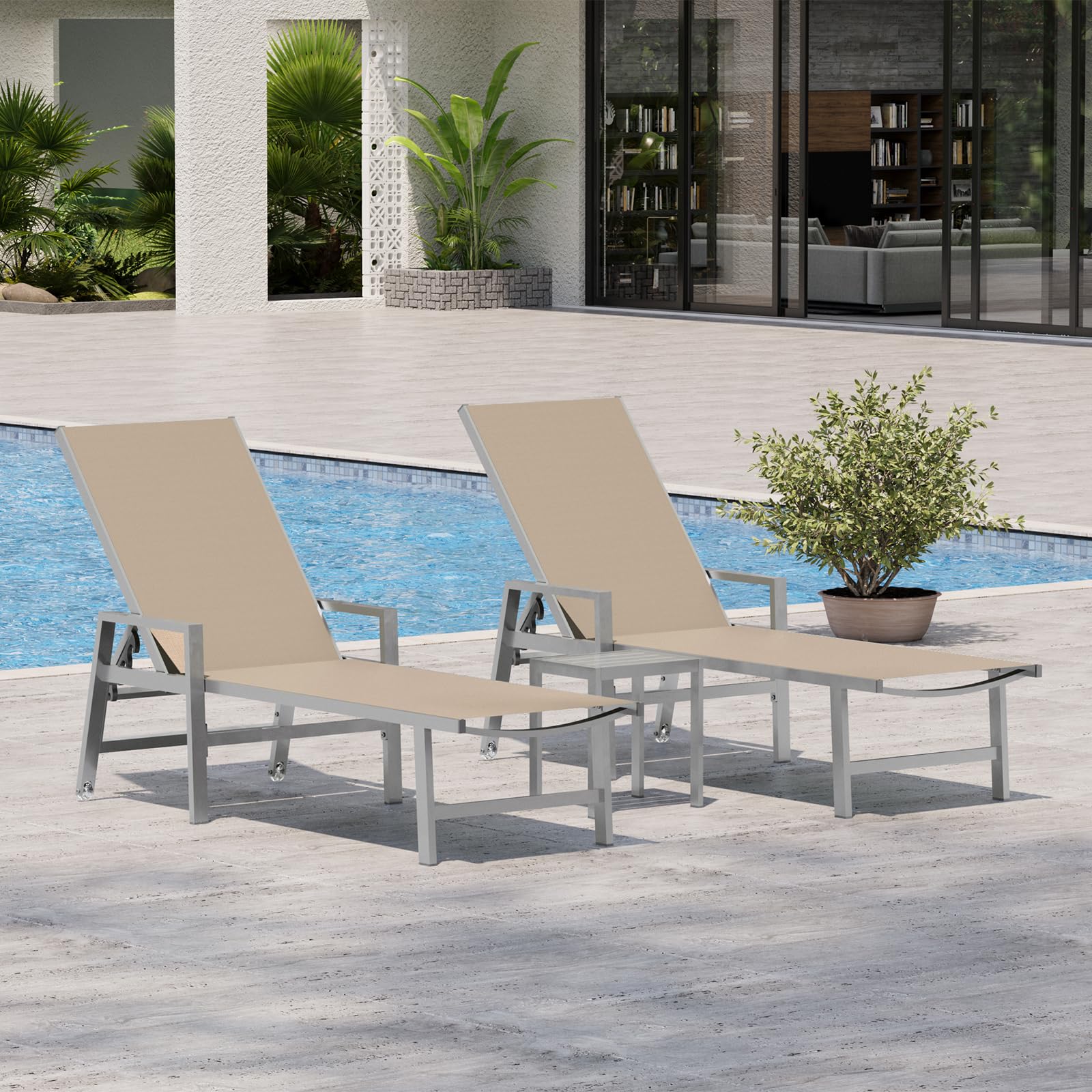 Vexwalx Patio Chaise Lounge Outdoor with Wheels&Armrests, Aluminum Pool Lounge Chairs 5-Position Adjustable Recliner, Sun Beach Lounge Chairs for Poolside, Patio, Deck, Yard, White
