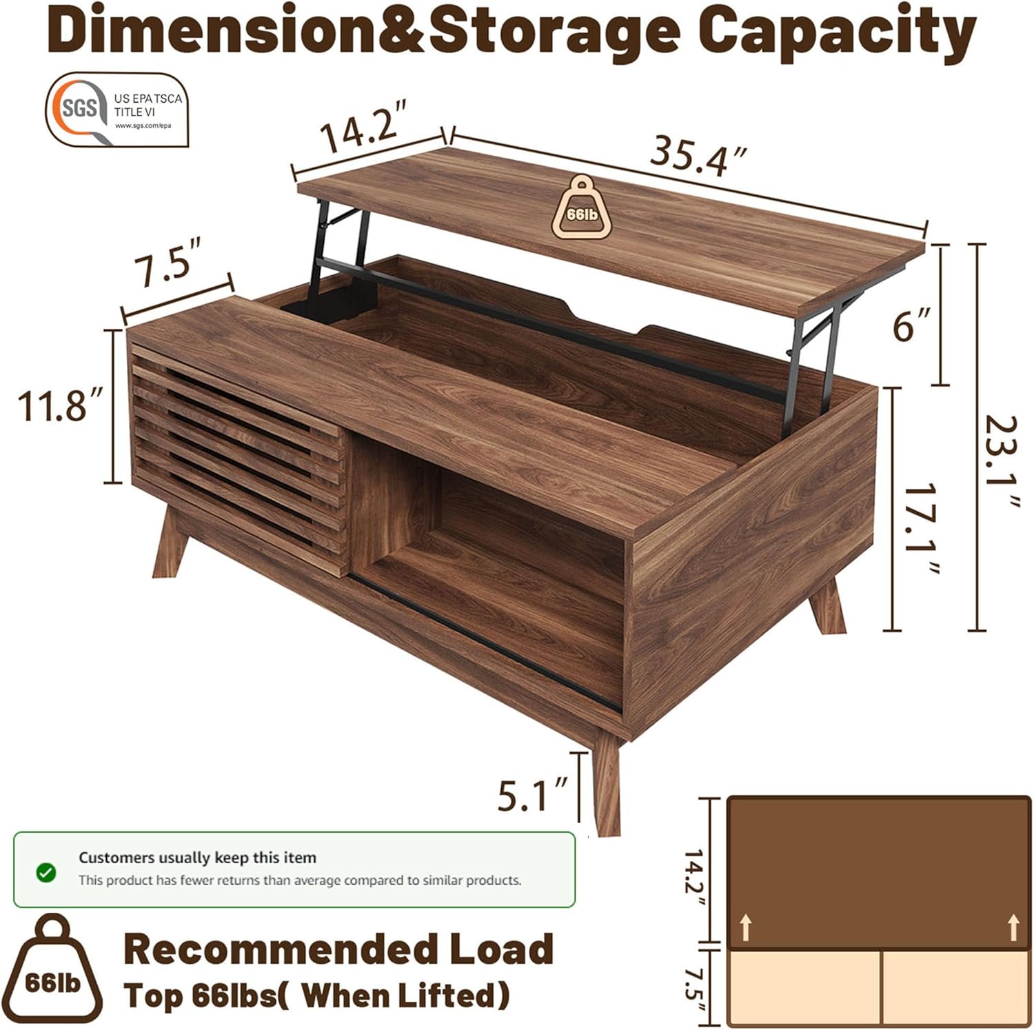 HAIOOU Lift Top Coffee Table, Mid Century Modern Coffee Table with Storage for Living Room, 35.4'' Walnut Coffee Tables with Sliding Fence Door (Brown)