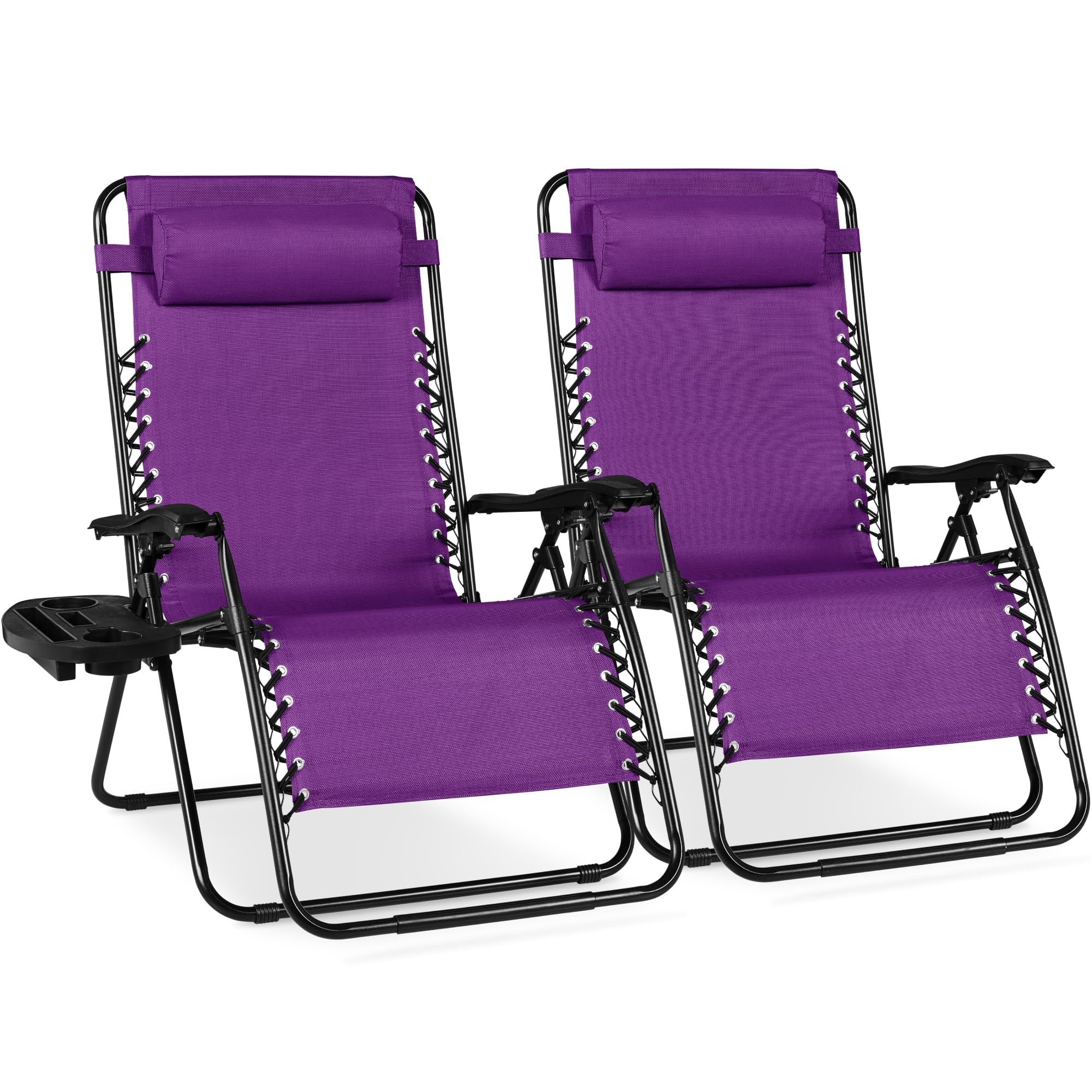 Best Choice Products Set of 2 Adjustable Steel Mesh Zero Gravity Lounge Chair Recliners w/Pillows and Cup Holder Trays - Black