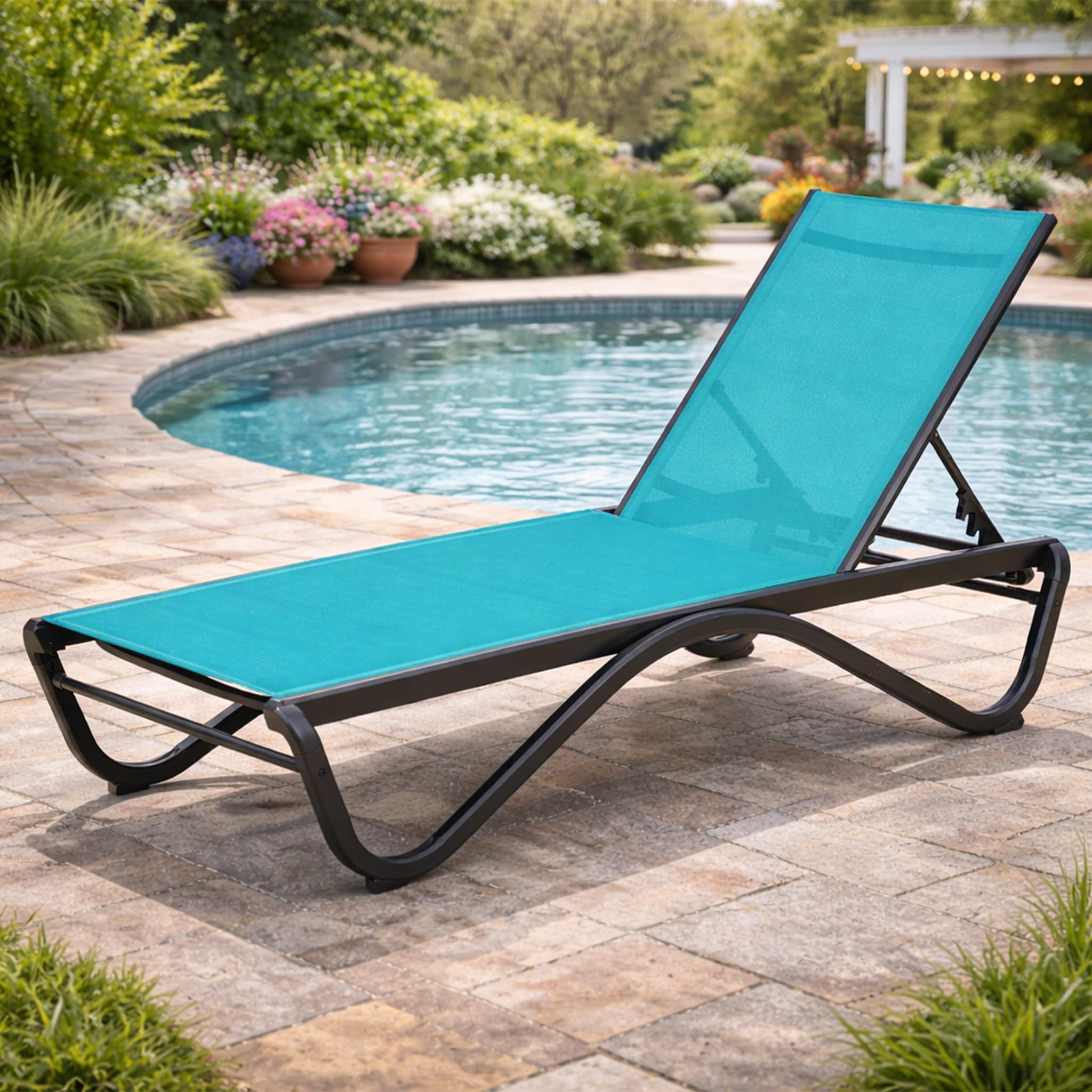 Kozyard Outdoor Chaise Lounge Chair, Full Flat Adjustable Patio Lounger with Aluminum Frame & Resin Legs, Textilene Fabric for Poolside, Backyard & Beach (Gray Without Table)