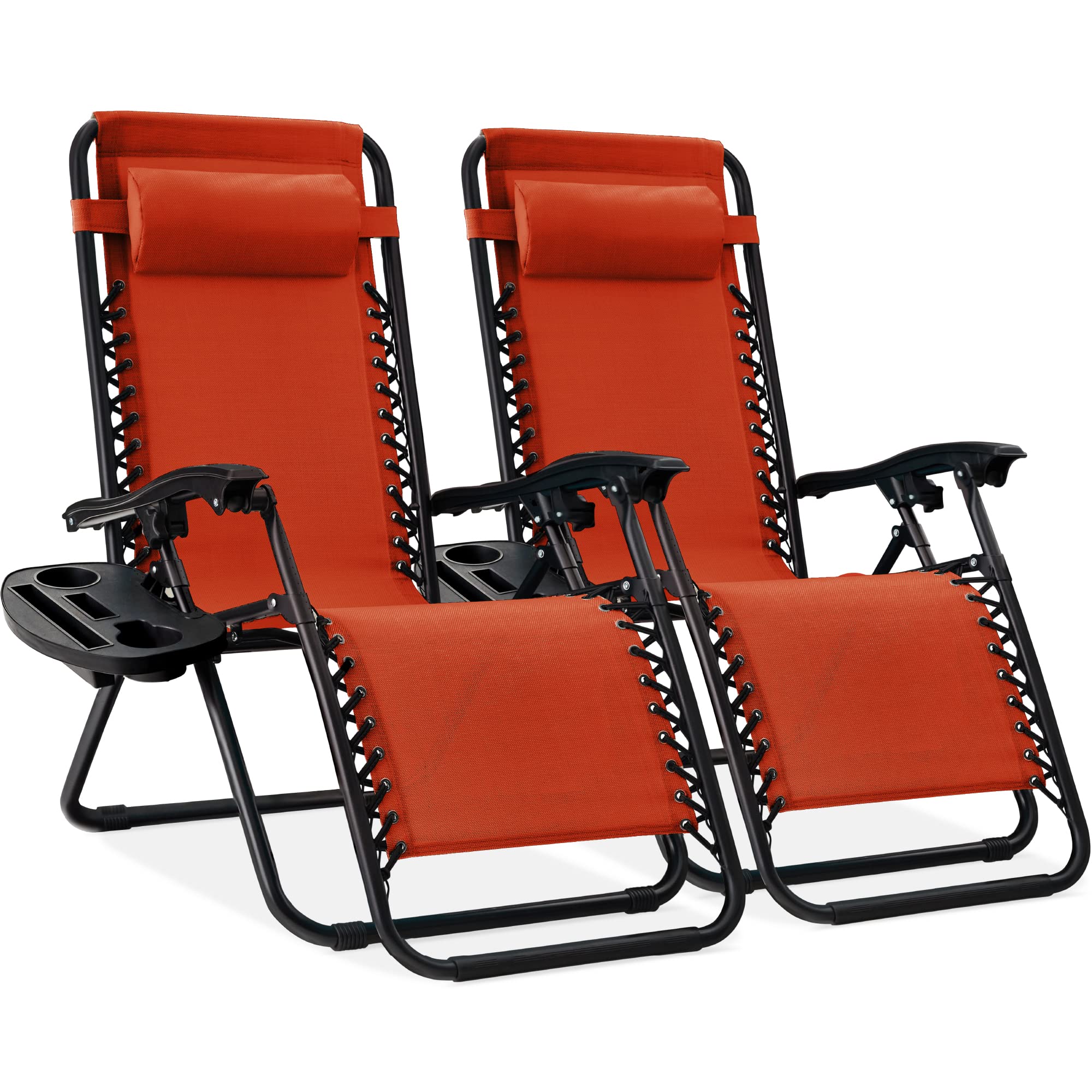 Best Choice Products Set of 2 Adjustable Steel Mesh Zero Gravity Lounge Chair Recliners w/Pillows and Cup Holder Trays - Black