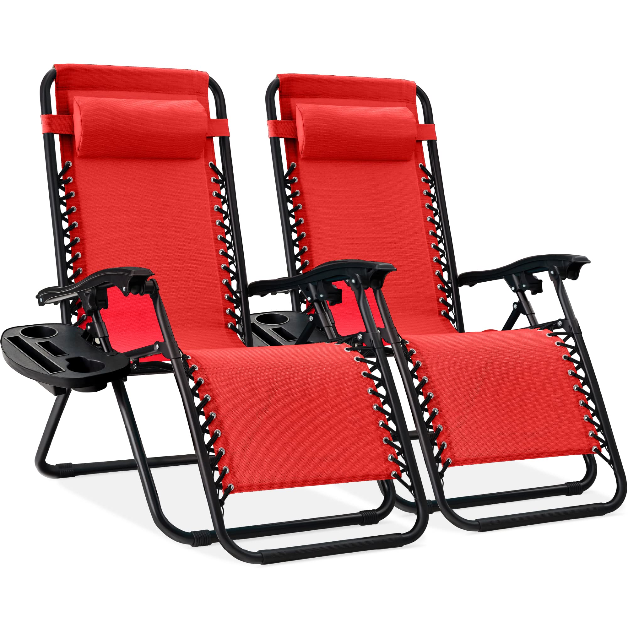 Best Choice Products Set of 2 Adjustable Steel Mesh Zero Gravity Lounge Chair Recliners w/Pillows and Cup Holder Trays - Black