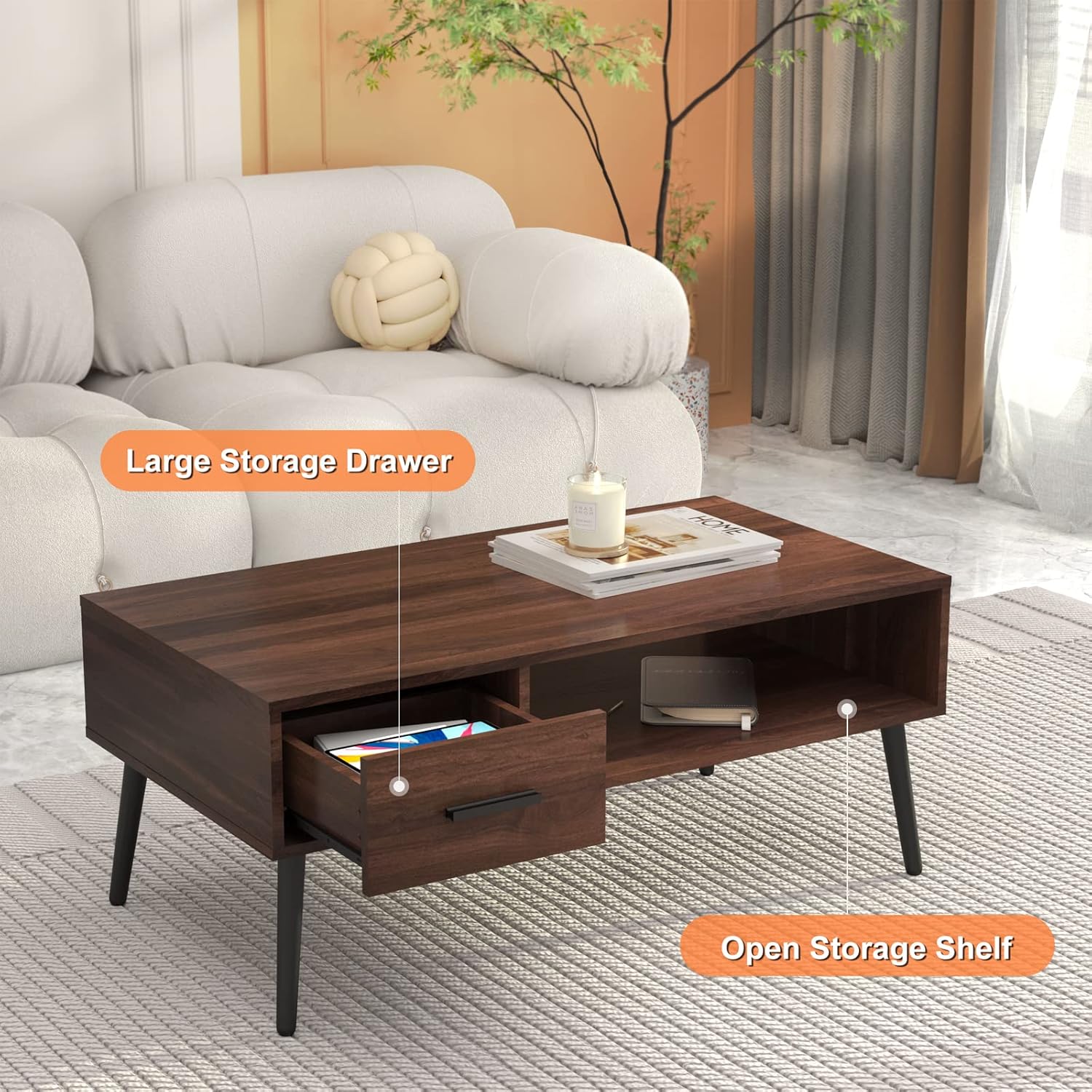 HAIOOU Coffee Table, Mid Century Modern Center Table for Living Room with Storage, Walnut Tea Table with Drawer, Open Storage Shelf, Floor-Anti-Scratching Pine Leg for Home, Office(Dark Brown) | Center Table, Living Room, Storage, Tea Table, Drawer, Open