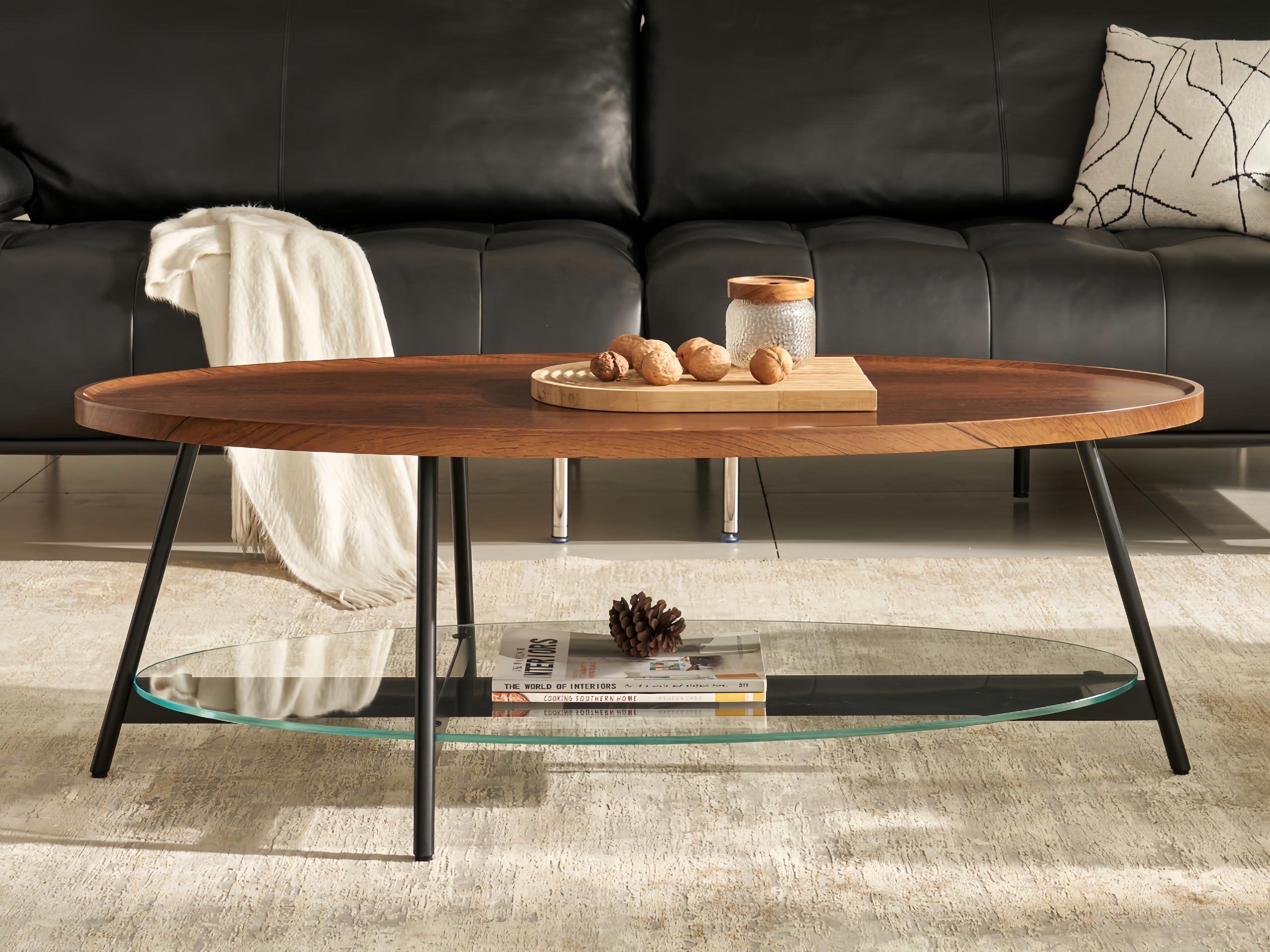 Shrine Oval Coffee Table, Mid-Century Modern Coffee Table, Brown Walnut Wood Table for Living Room, D47''x W23.6''x H15'', Sleek Conical Metal Legs with Black Finish