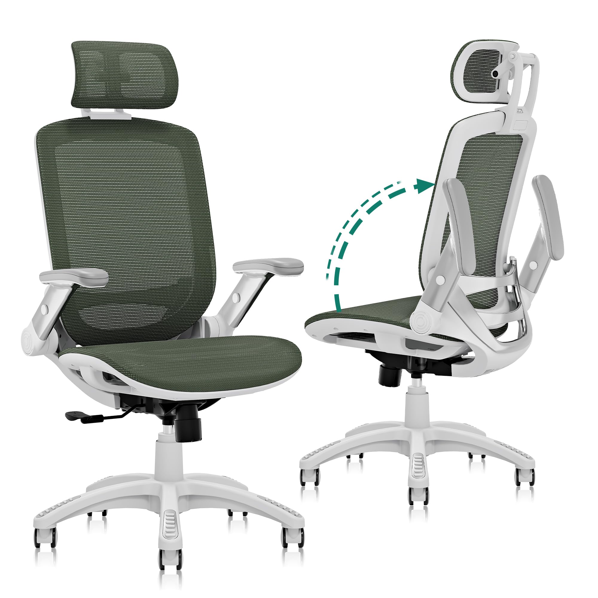 GABRYLLY Ergonomic Office Chair, High Back Home Desk Chair with Flip-Up Arms, Headrest, 90-120° Tilt and Wide Cushion, 300LBS White Mesh Chair for Work Gaming Study (GY01-NT, Woodgrain Pattern)