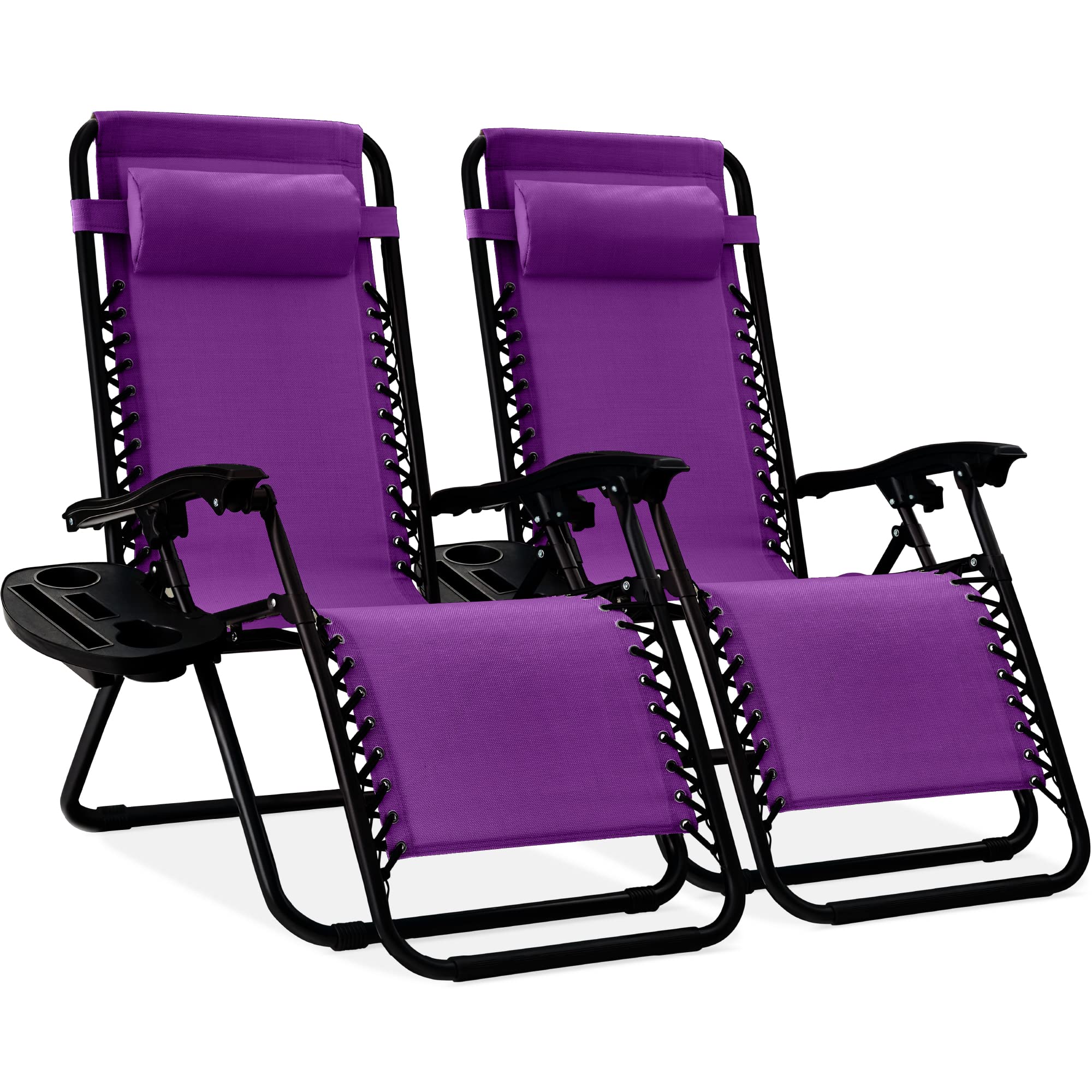 Best Choice Products Set of 2 Adjustable Steel Mesh Zero Gravity Lounge Chair Recliners w/Pillows and Cup Holder Trays - Black