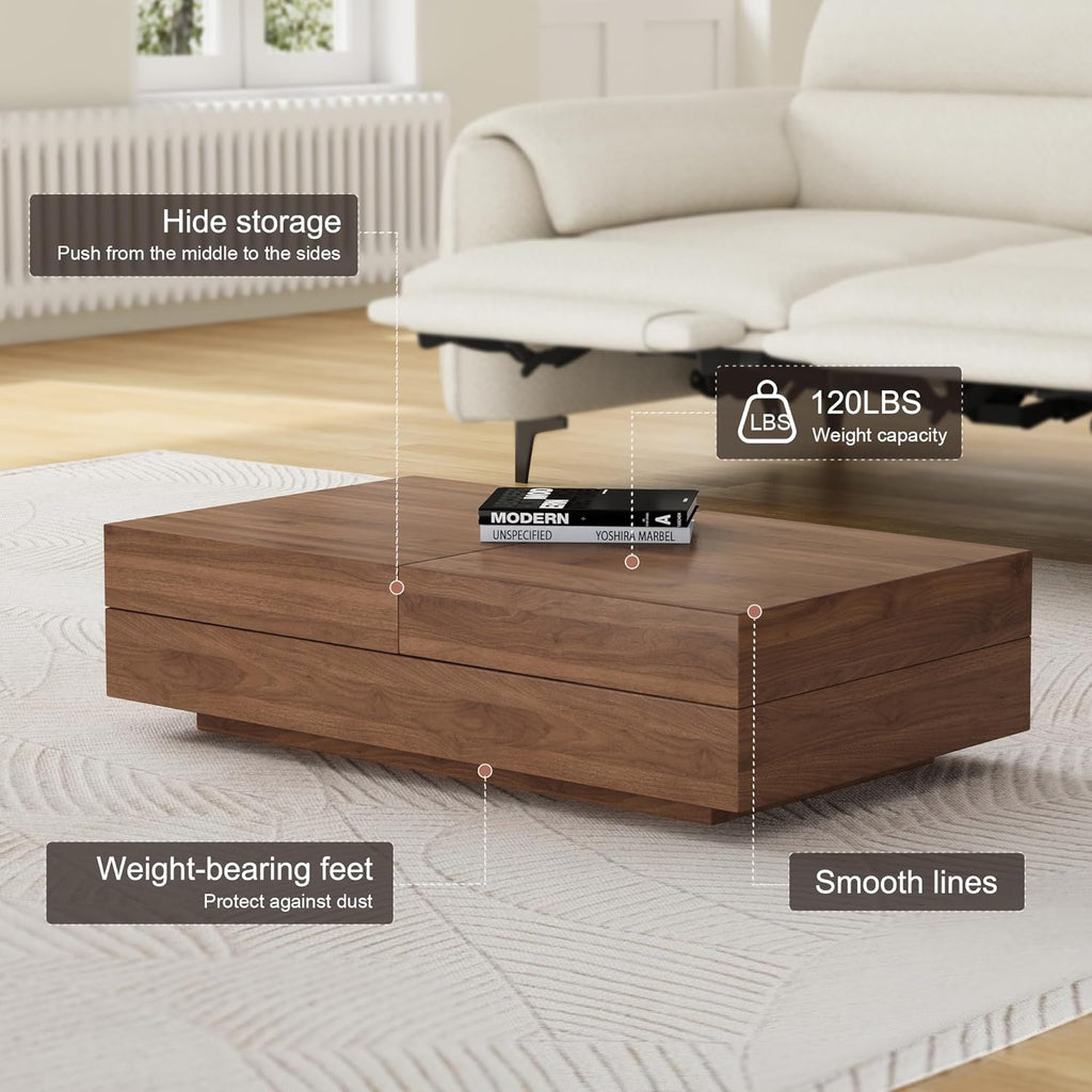 Mid-Century Modern Expandable Coffee Table (47.2"-81.8" Adjustable Centerpiece),Center Table with Large Storage for Living Room Living Rooms, Bedrooms, or Lounge Spaces,Walnut