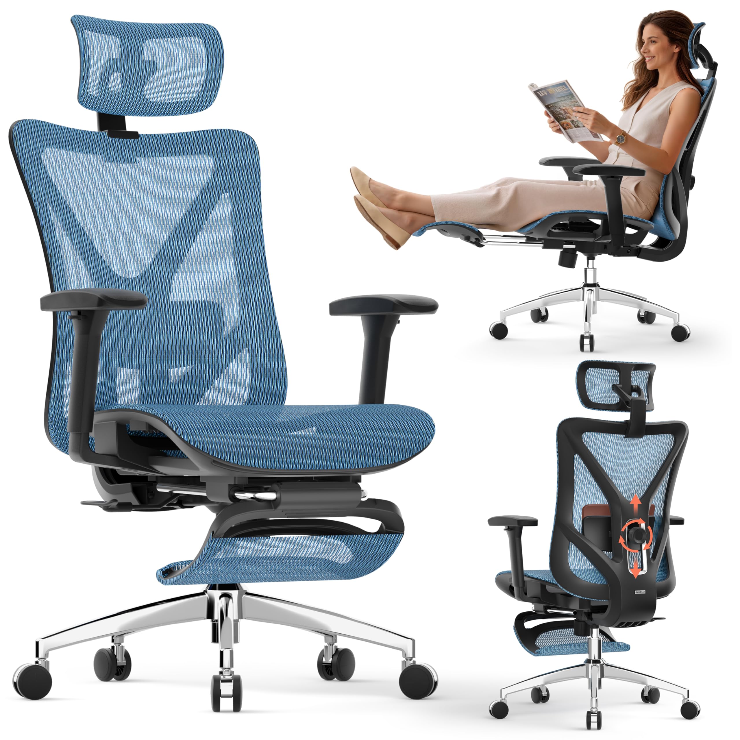 GABRYLLY Ergonomic Office Chair with Footrest, 135° Reclining Desk Chair with Adjustable Lumbar Support,3D Armrest,Headrest & Large Steel Base, 300LBS Heavy Duty Mesh Chair