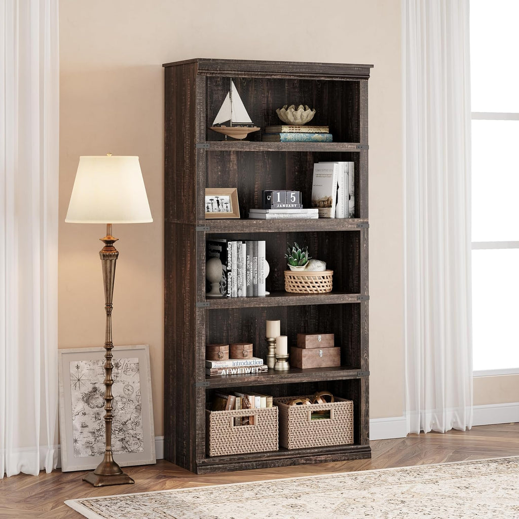 IDEALHOUSE 5 Tier Bookcase, Farmhouse Book Shelf with Storage, 71" Tall Book Case Wooden 5 Shelf Bookcase for Home Office, Living Room, Bed Room (Oak, 67.4" H x 31.5" W x 12.8" D)