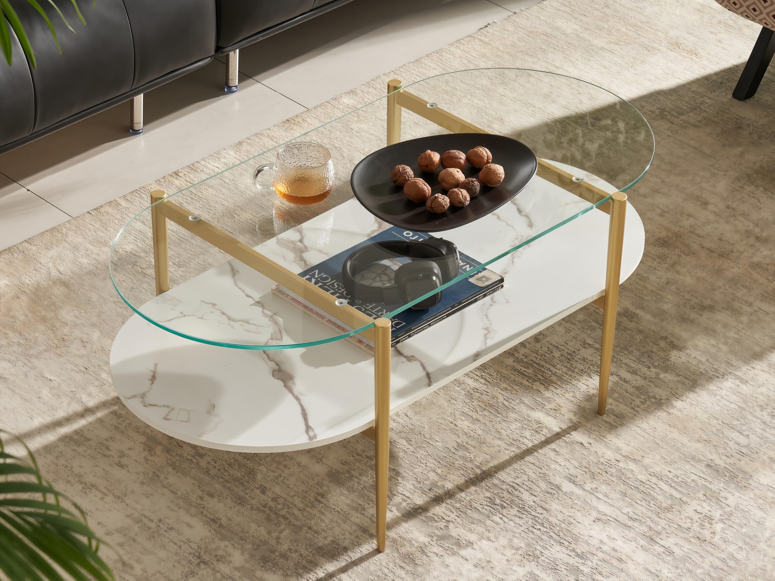 Shrine Oval Coffee Table, Mid-Century Modern Coffee Table, Brown Walnut Wood Table for Living Room, D47''x W23.6''x H15'', Sleek Conical Metal Legs with Black Finish