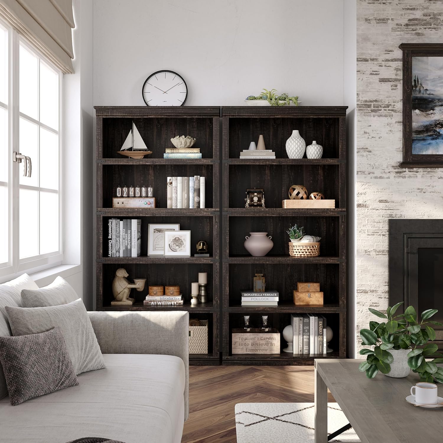 IDEALHOUSE 5 Tier Bookcase, Farmhouse Book Shelf with Storage, 71" Tall Book Case Wooden 5 Shelf Bookcase for Home Office, Living Room, Bed Room (Oak, 67.4" H x 31.5" W x 12.8" D)