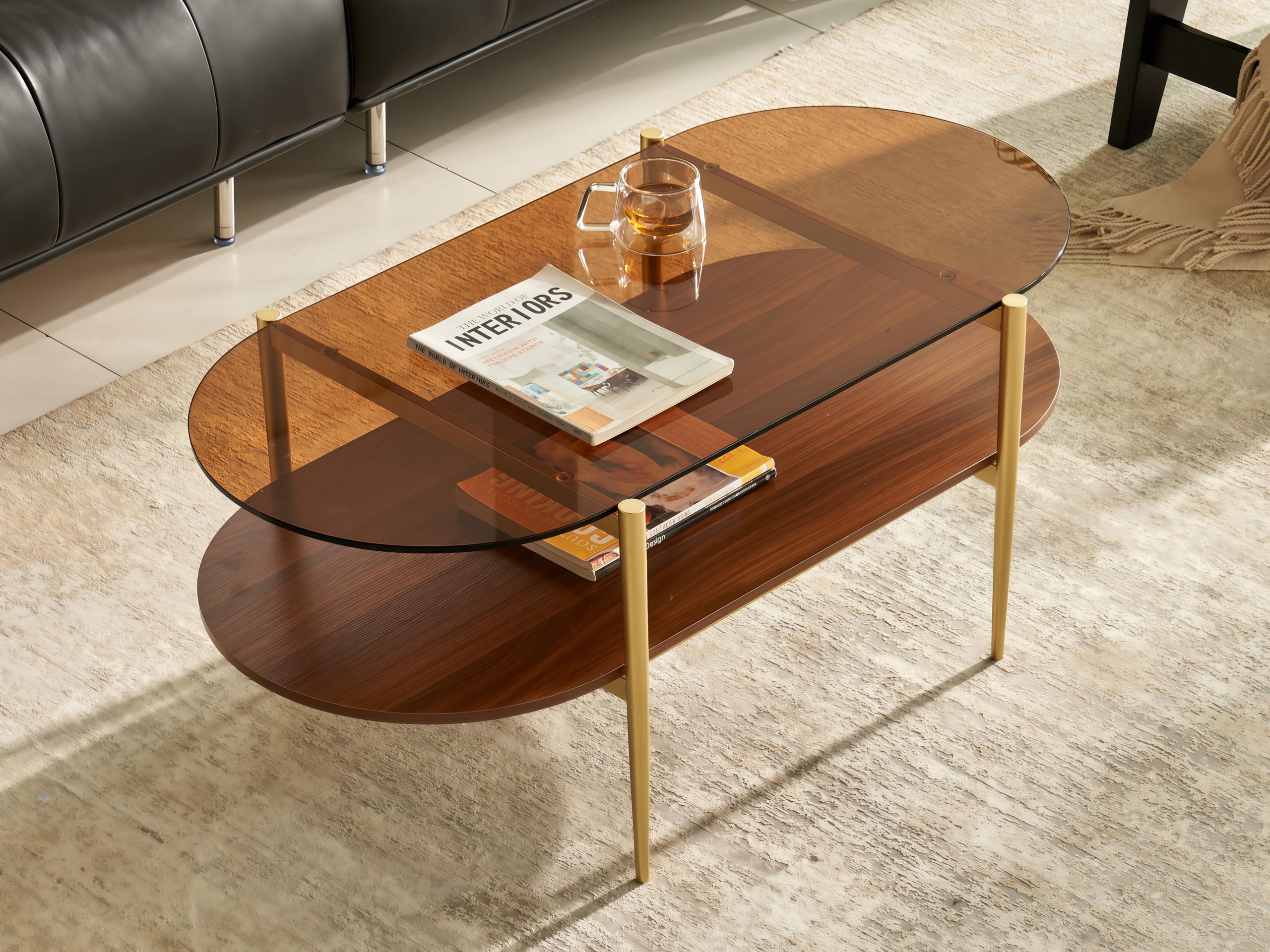 Shrine Oval Coffee Table, Mid-Century Modern Coffee Table, Brown Walnut Wood Table for Living Room, D47''x W23.6''x H15'', Sleek Conical Metal Legs with Black Finish