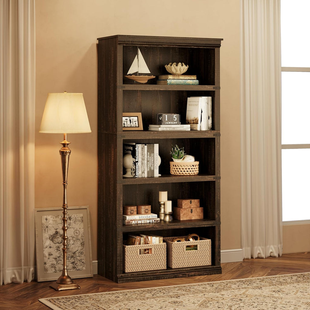 IDEALHOUSE 5 Tier Bookcase, Farmhouse Book Shelf with Storage, 71" Tall Book Case Wooden 5 Shelf Bookcase for Home Office, Living Room, Bed Room (Oak, 67.4" H x 31.5" W x 12.8" D)