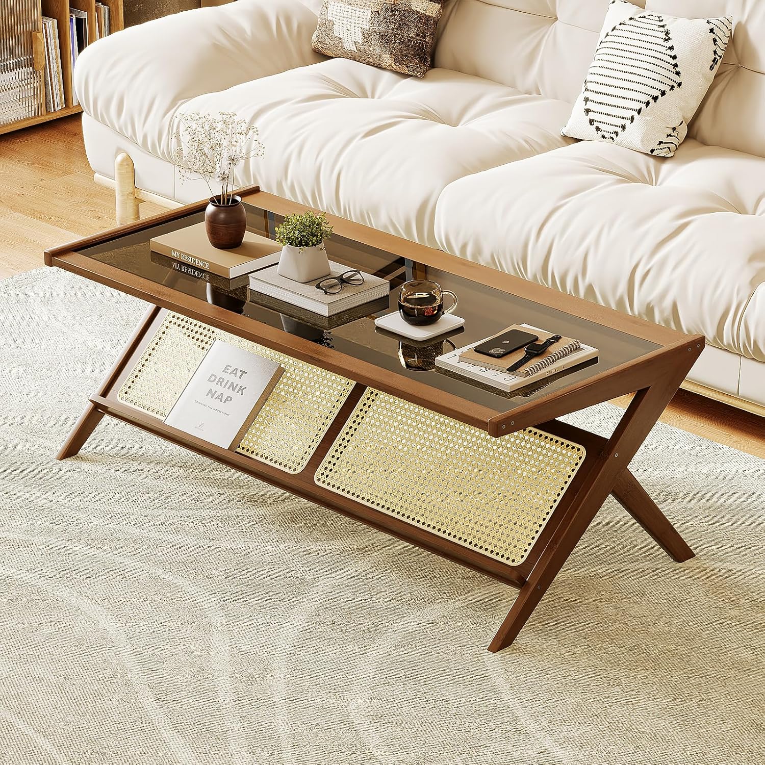 Bamworld Rattan Coffee Table with Glass Top Mid-Century Modern Center Table with Storage for Living Room Table Brown