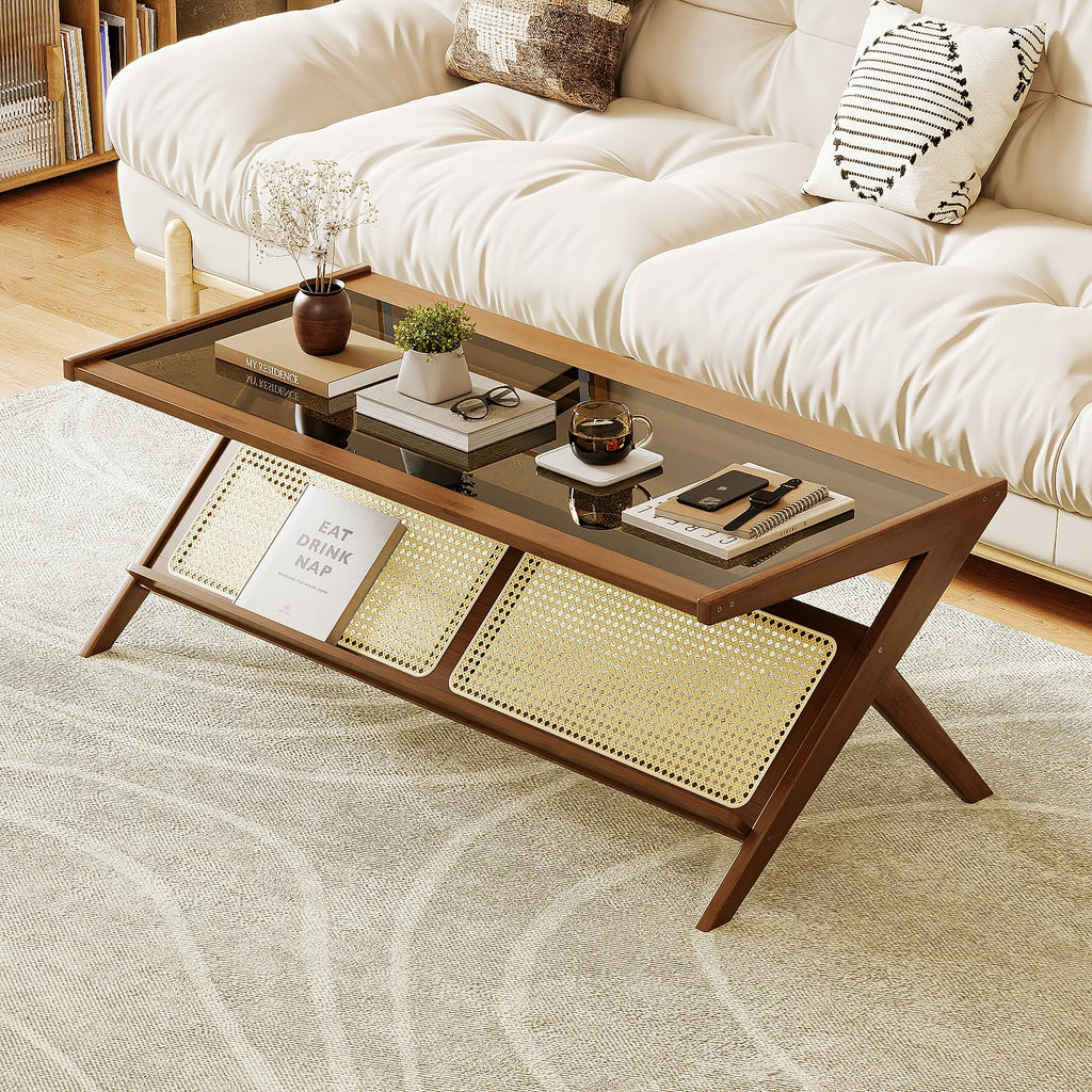 Bamworld Rattan Coffee Table with Glass Top Mid-Century Modern Center Table with Storage for Living Room Table Brown