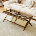 Bamworld Rattan Coffee Table with Glass Top Mid-Century Modern Center Table with Storage for Living Room Table Brown