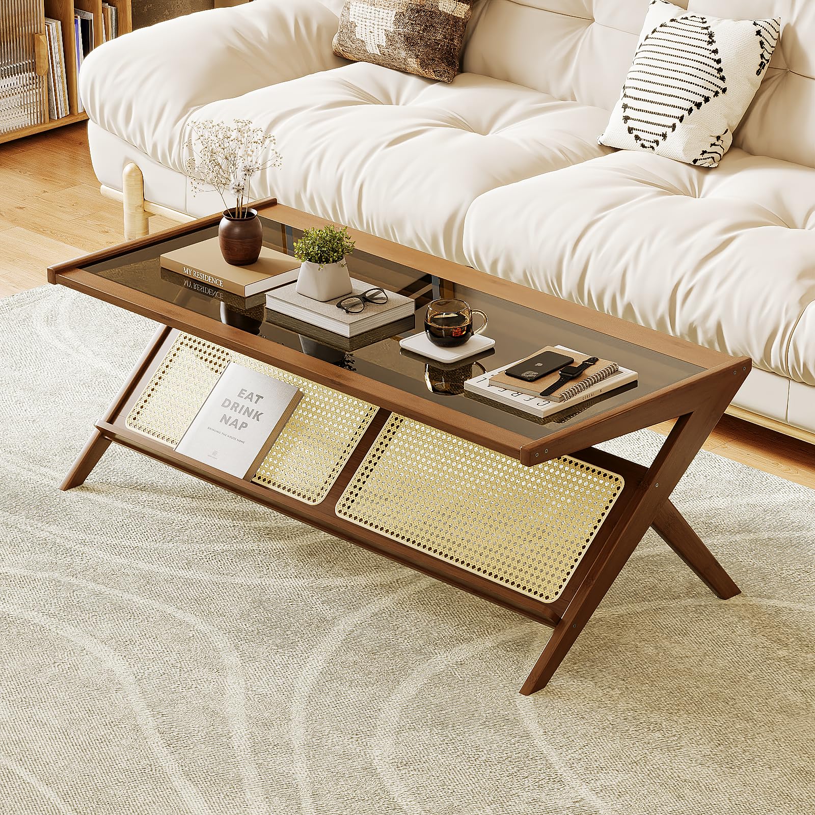 Bamworld Rattan Coffee Table with Glass Top Mid-Century Modern Center Table with Storage for Living Room Table Brown
