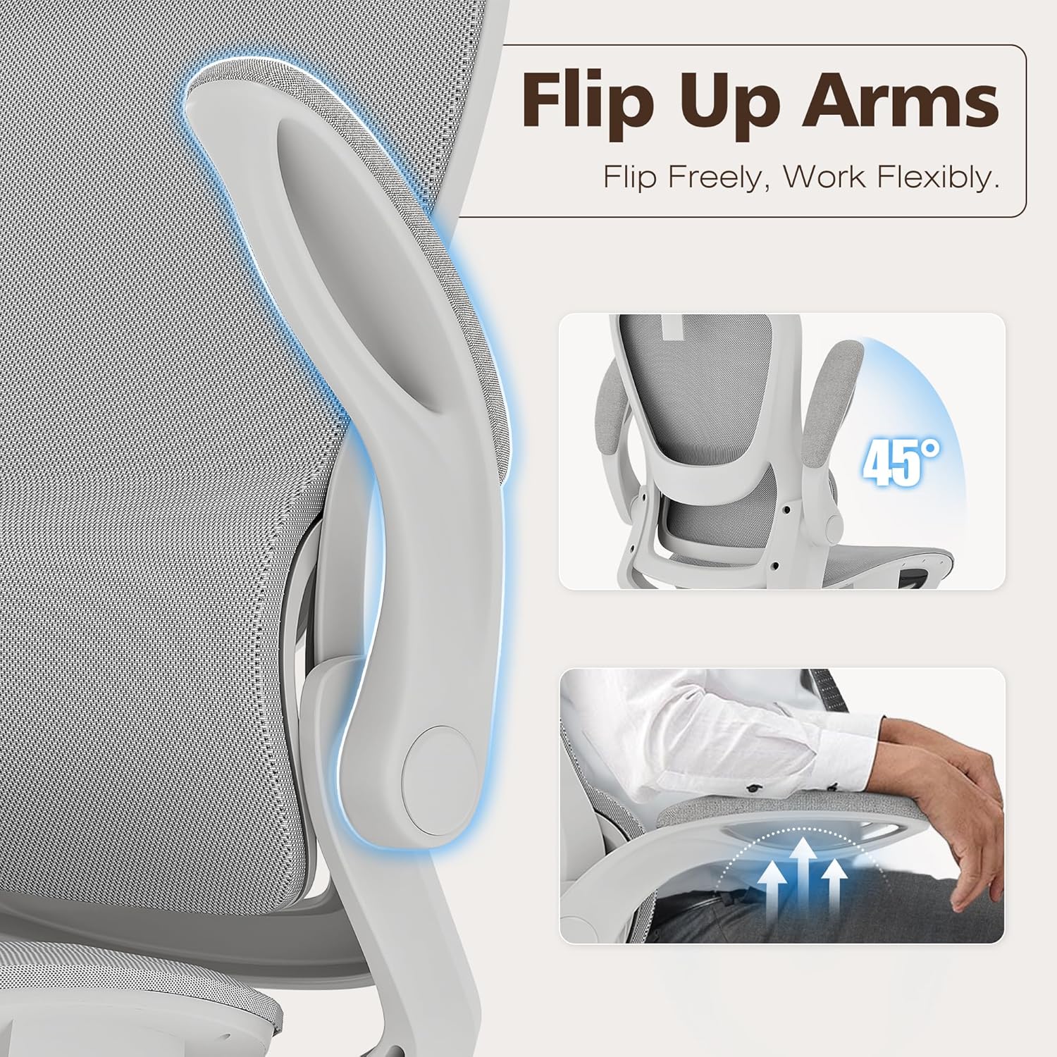 GABRYLLY Ergonomic Mesh Office Chair- White Desk Chair, Flip-Up Armrest, Adjustable Headrest, Tilting with Soft Seat and PU Wheel, Elite Home Desk Chair for Work, Study, Gaming (GY1108)