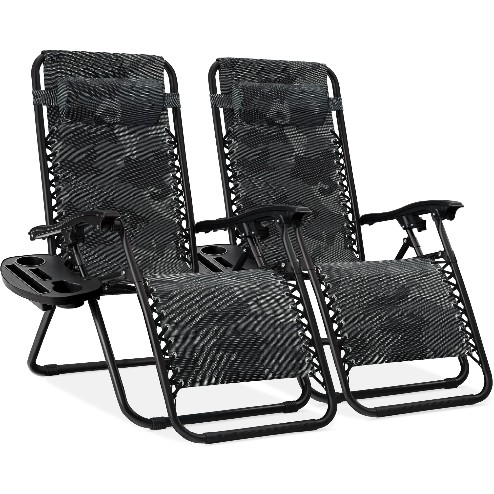 Best Choice Products Set of 2 Adjustable Steel Mesh Zero Gravity Lounge Chair Recliners w/Pillows and Cup Holder Trays - Black