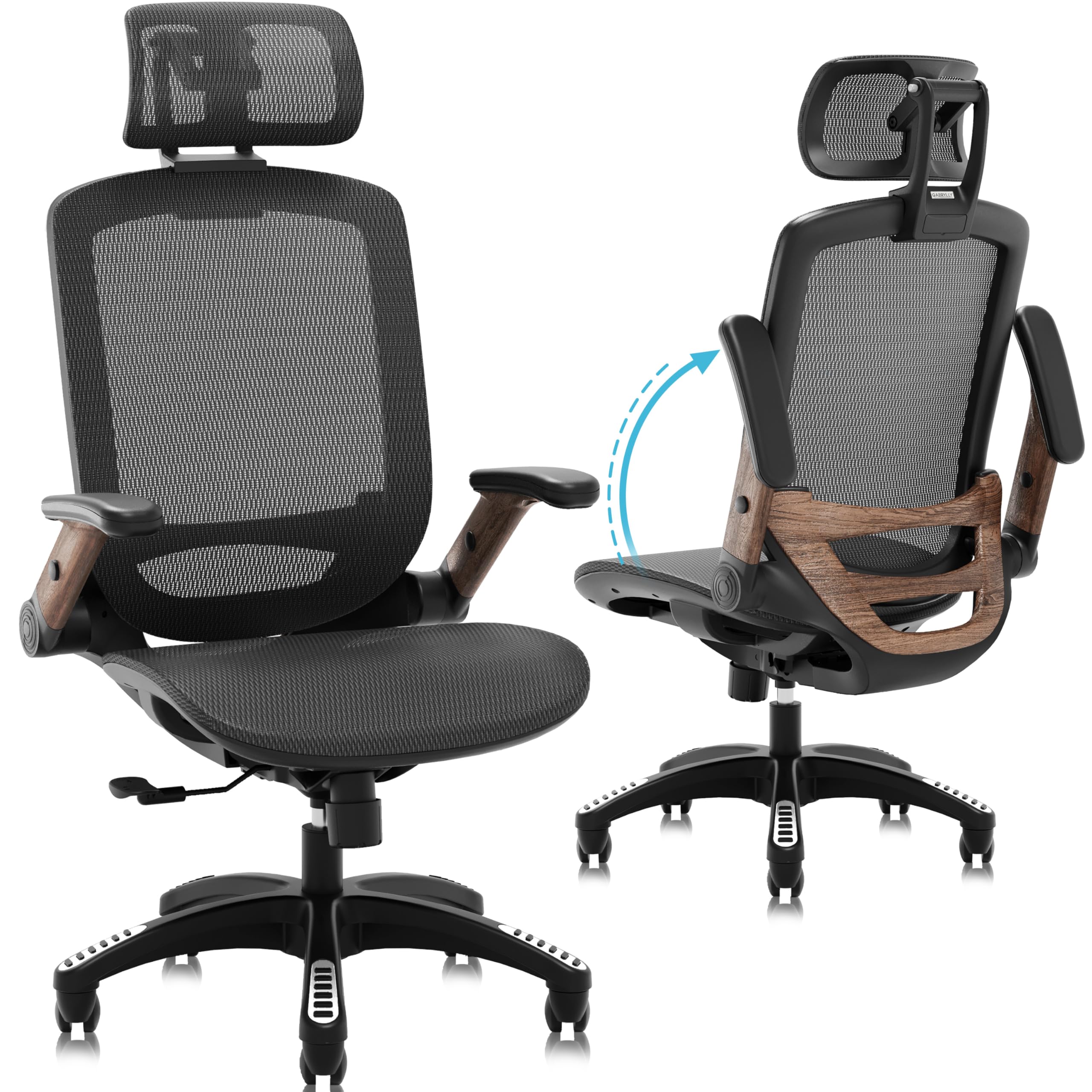 GABRYLLY Ergonomic Office Chair with Footrest, High Back Home Desk Chair - 3D Headrest, Flip-Up Arms, 135° Tilt and Wide Cushion, Heavy Duty Mesh Chairs for Task Computer Gaming, GYB01-FT