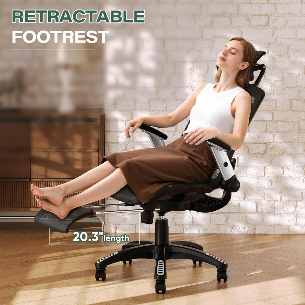 GABRYLLY Ergonomic Office Chair with Footrest, High Back Home Desk Chair - 3D Headrest, Flip-Up Arms, 135° Tilt and Wide Cushion, Heavy Duty Mesh Chairs for Task Computer Gaming, GYB01-FT