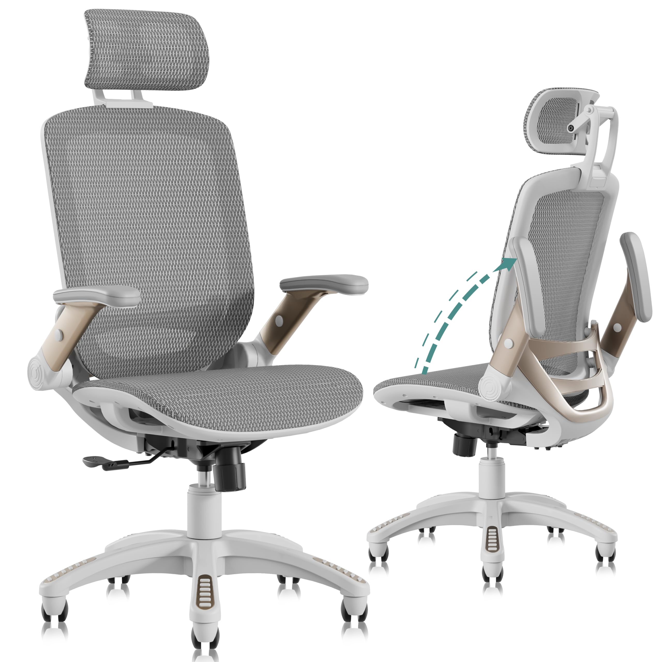 GABRYLLY Ergonomic Office Chair with Footrest, High Back Home Desk Chair - 3D Headrest, Flip-Up Arms, 135° Tilt and Wide Cushion, Heavy Duty Mesh Chairs for Task Computer Gaming, GYB01-FT