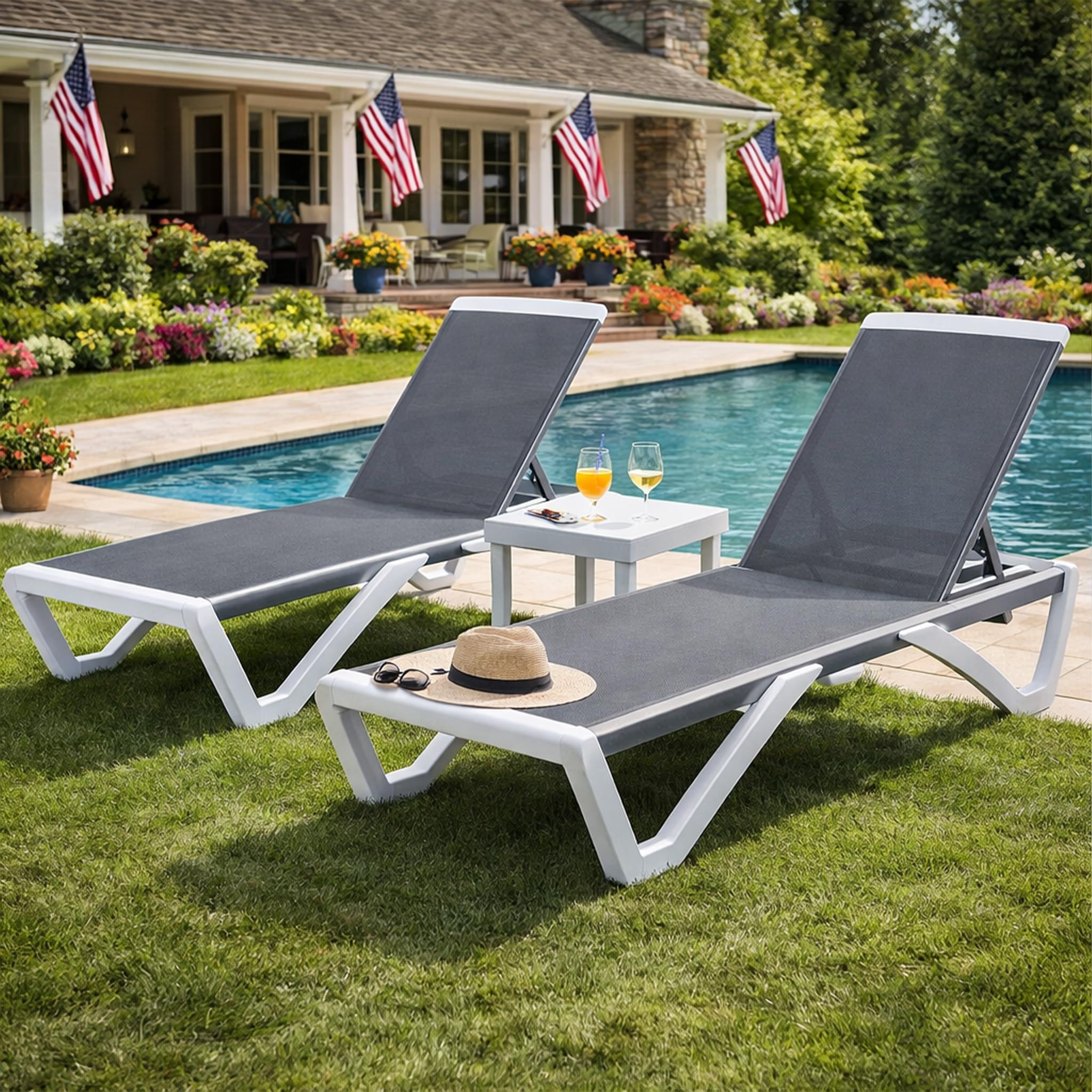 Kozyard Outdoor Chaise Lounge Chair, Full Flat Adjustable Patio Lounger with Aluminum Frame & Resin Legs, Textilene Fabric for Poolside, Backyard & Beach (Gray Without Table)