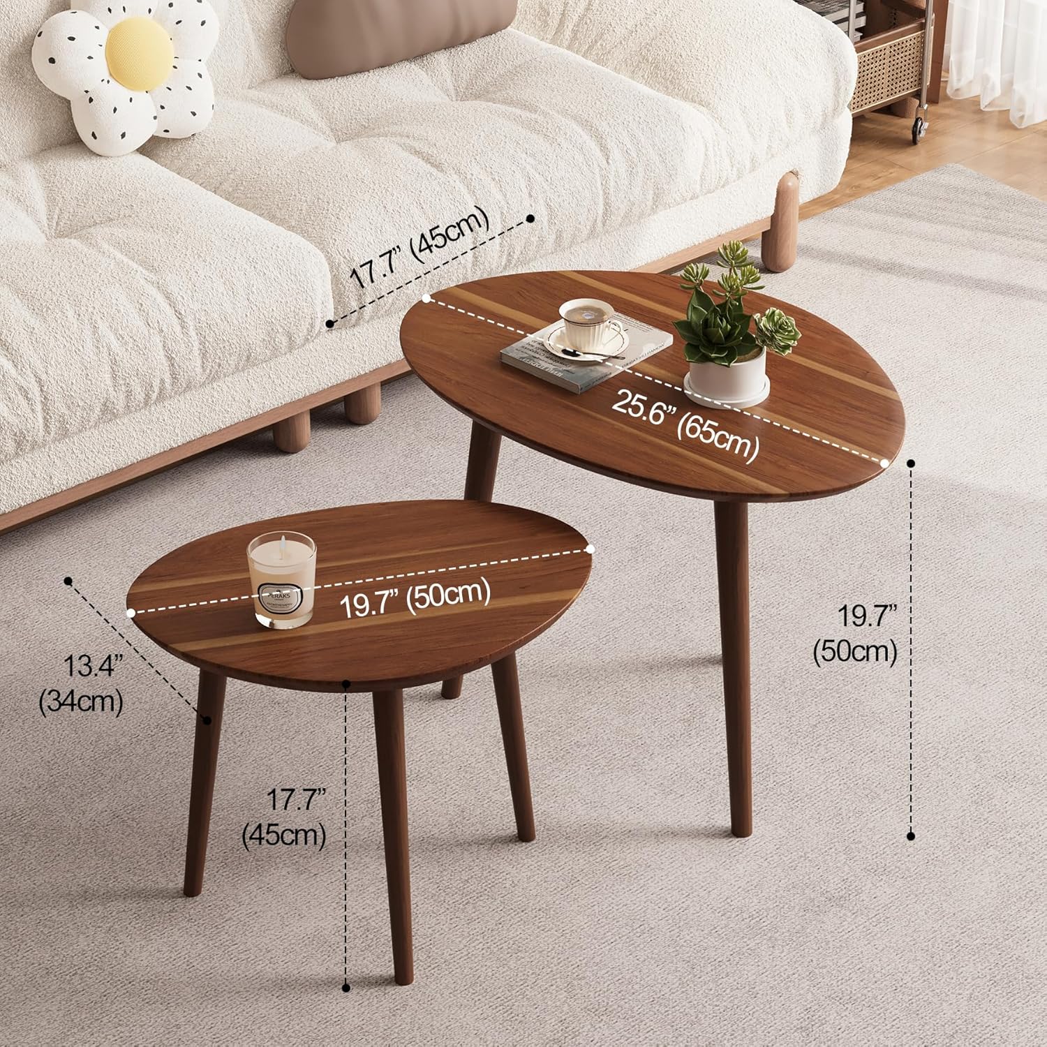 Small Oval Coffee Tables Set,Acacia Wood Nesting Tables（25.6"x17.7"+17.7"x13.4" for Living Room Small Spaces Office,Easy Assembly Wooden Minimalist Walnut Mid Century Modern Coffee Table